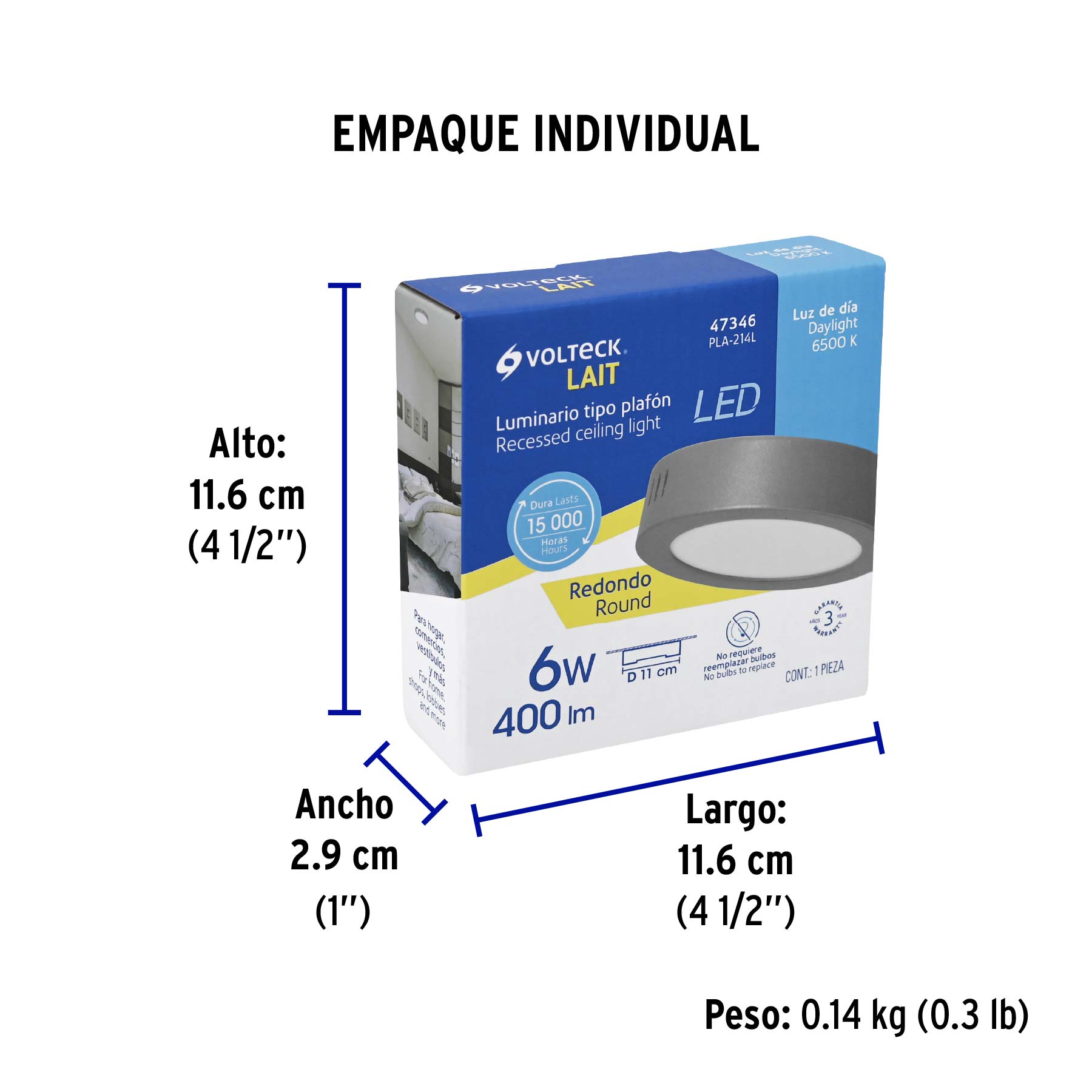 Luminario LED plafón 6W 6500K, redondo, gris, VOLTECK - Empaque