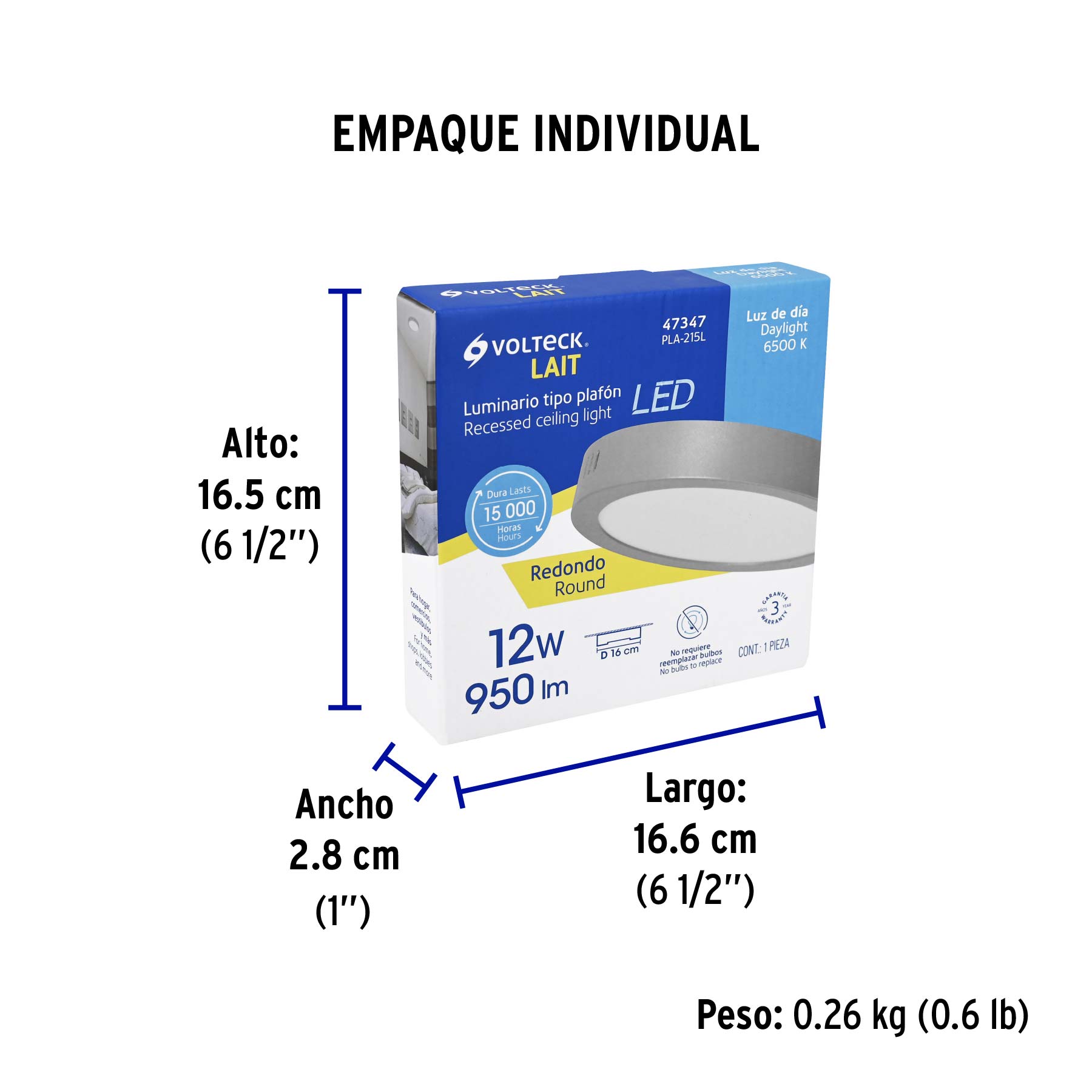 Luminario LED plafón 12W 6500K, redondo, gris, VOLTECK - Empaque