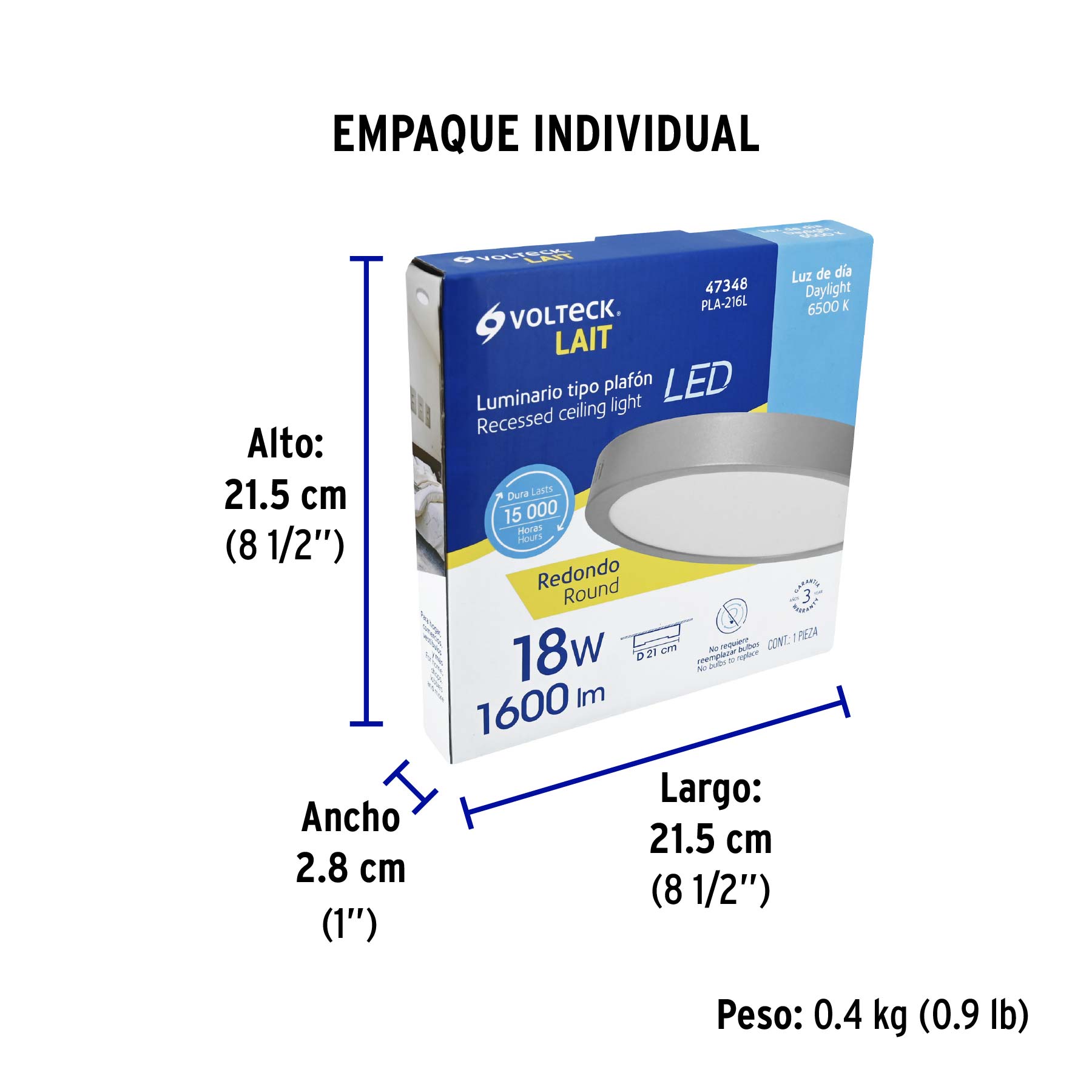 Luminario LED plafón 18W 6500K, redondo, gris, VOLTECK - Empaque