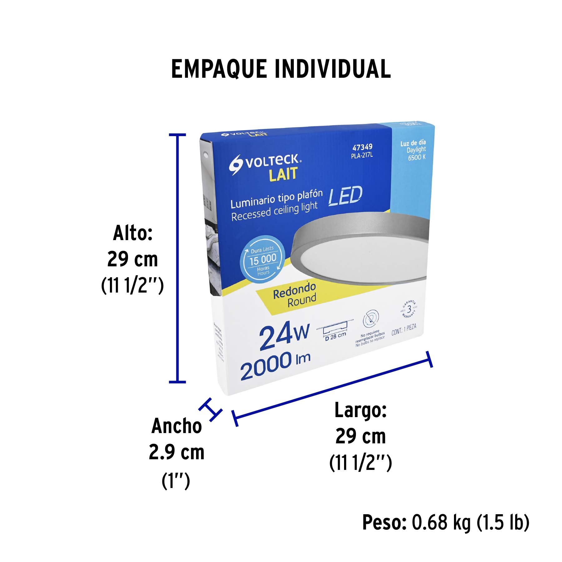Luminario LED plafón 24W 6500K, redondo, gris, VOLTECK - Empaque