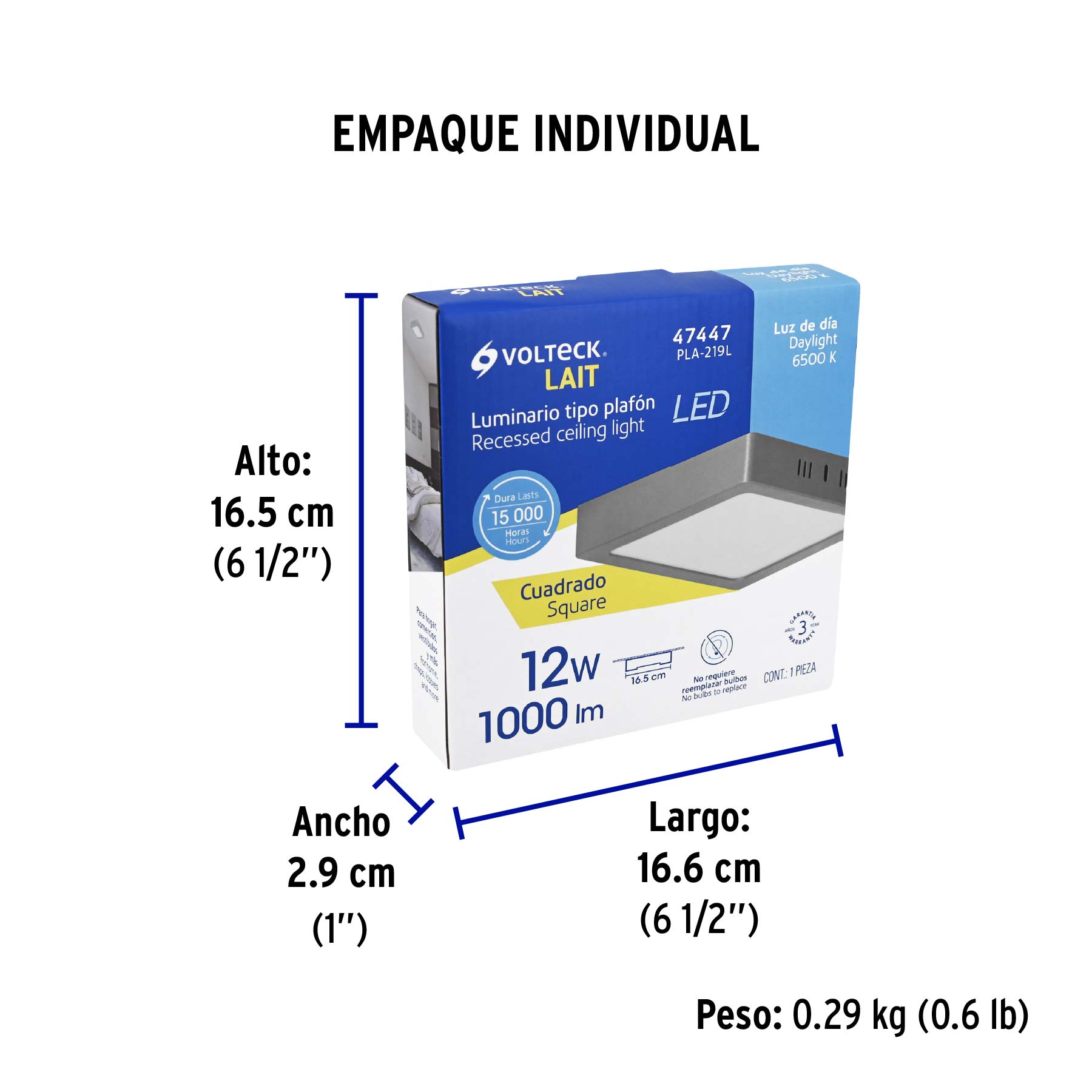 Luminario LED plafón 12W 6500K, cuadrado, gris, VOLTECK - Empaque