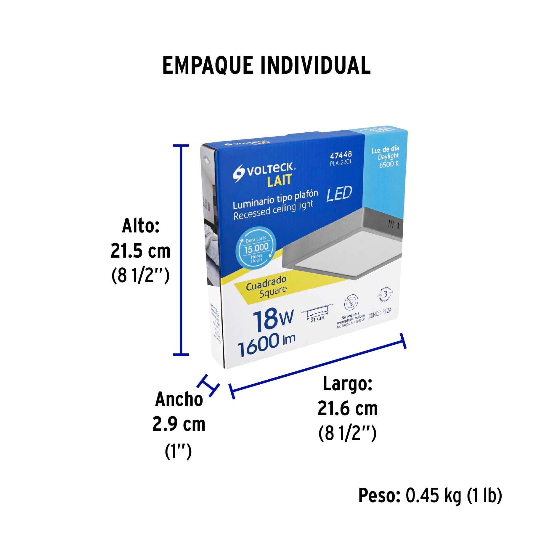 Luminario LED plafón 18W 6500K, cuadrado, gris, VOLTECK - Empaque