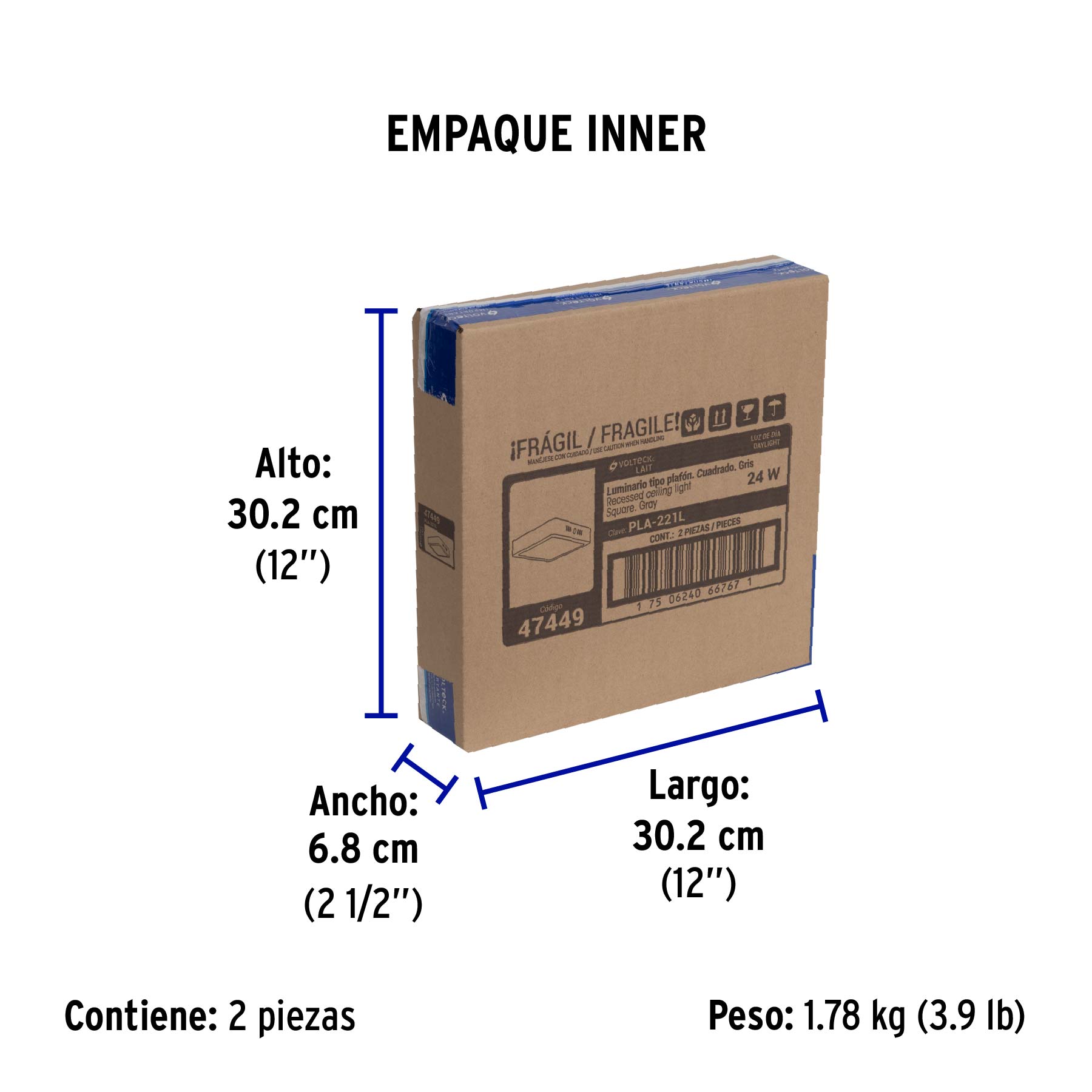 Luminario LED plafón 24W 6500K, cuadrado, gris, VOLTECK - Empaque