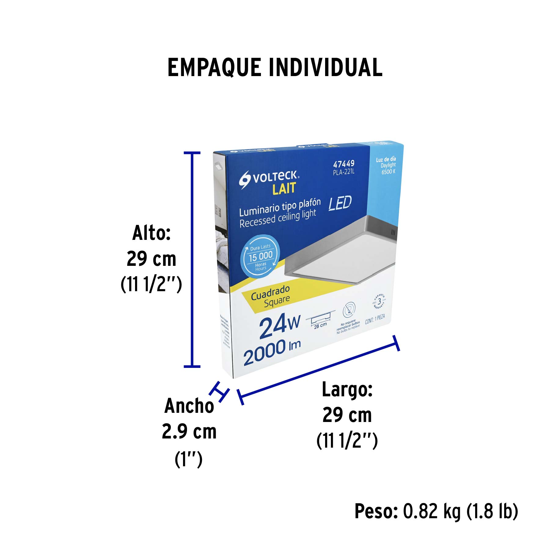 Luminario LED plafón 24W 6500K, cuadrado, gris, VOLTECK - Empaque