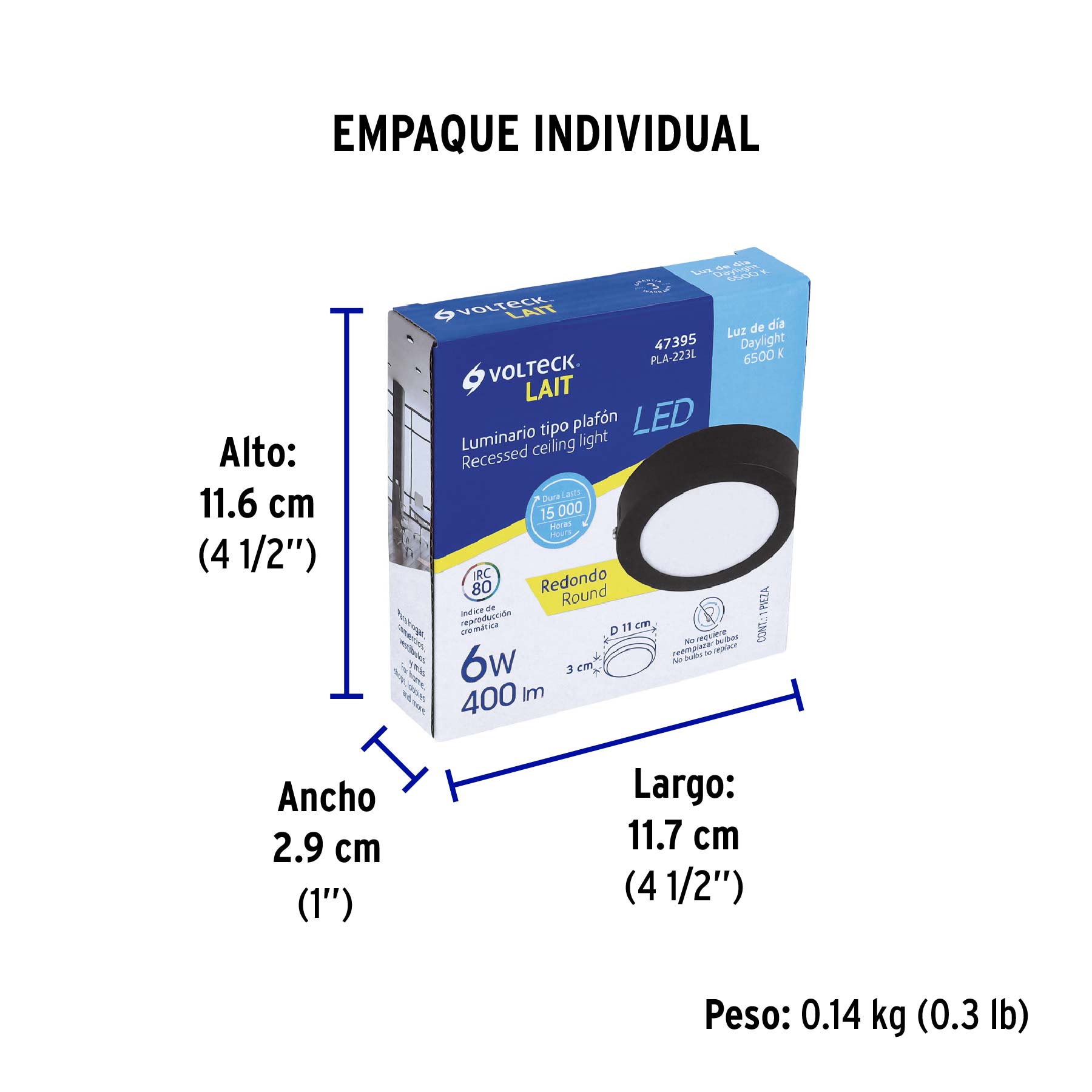 Luminario LED plafón 6W 6500K, redondo, negro, VOLTECK - Empaque