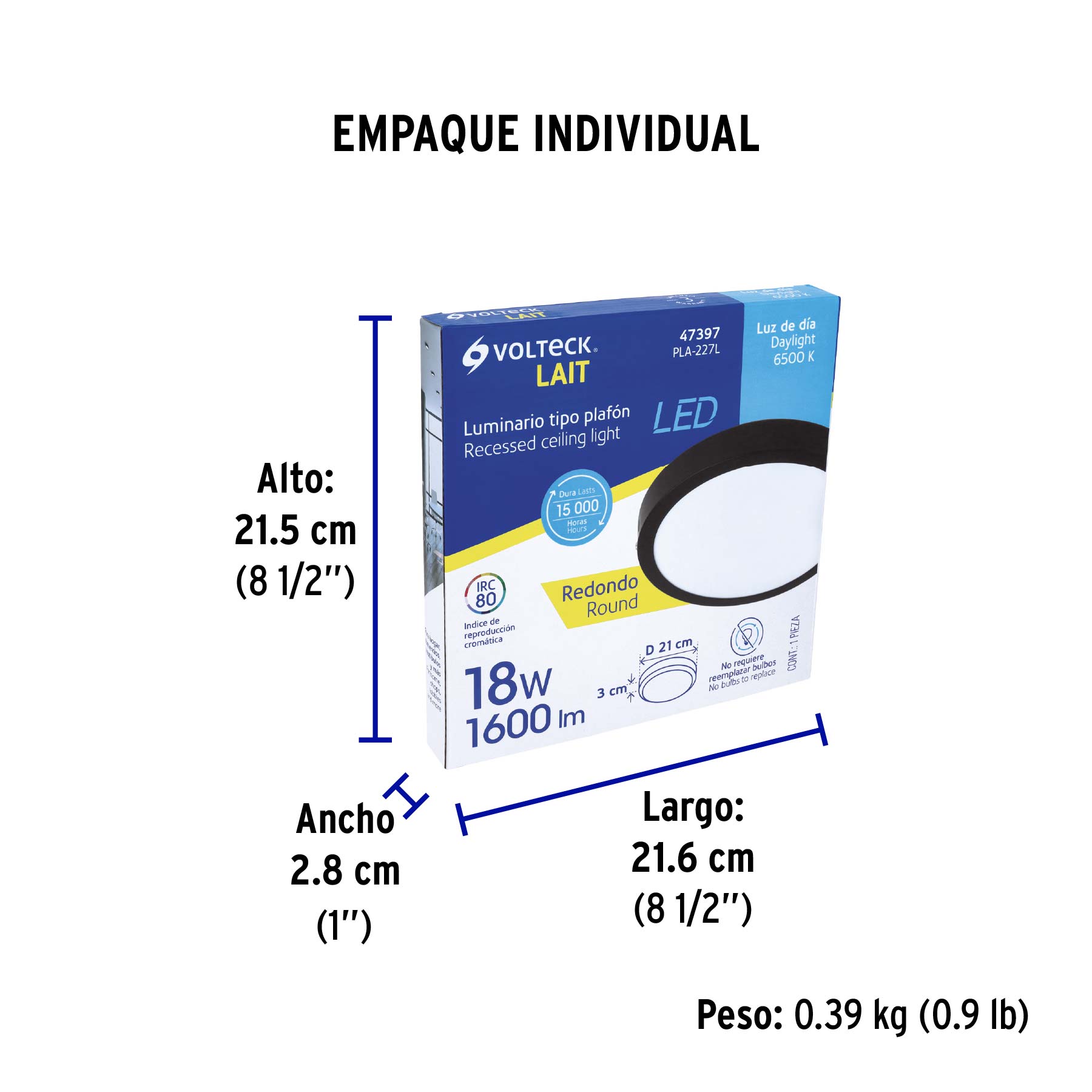 Luminario LED plafón 18W 6500K, redondo, negro, VOLTECK - Empaque