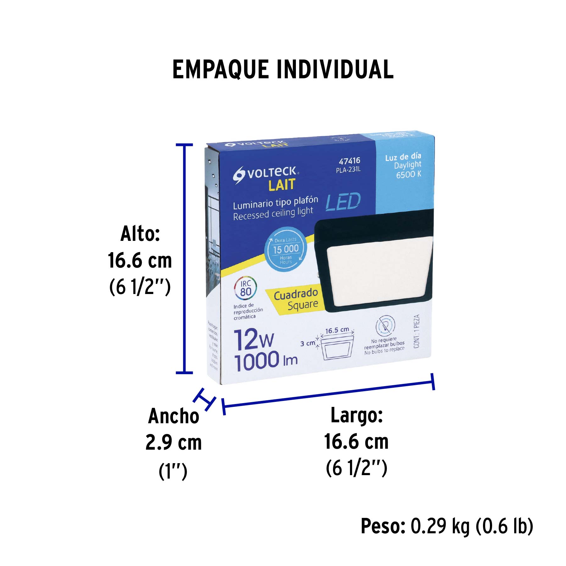 Luminario LED plafón 12W 6500K, cuadrado, negro, VOLTECK - Empaque