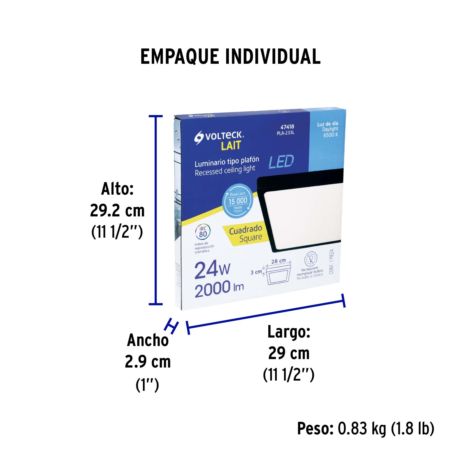Luminario LED plafón 24W 6500K, cuadrado, negro, VOLTECK - Empaque