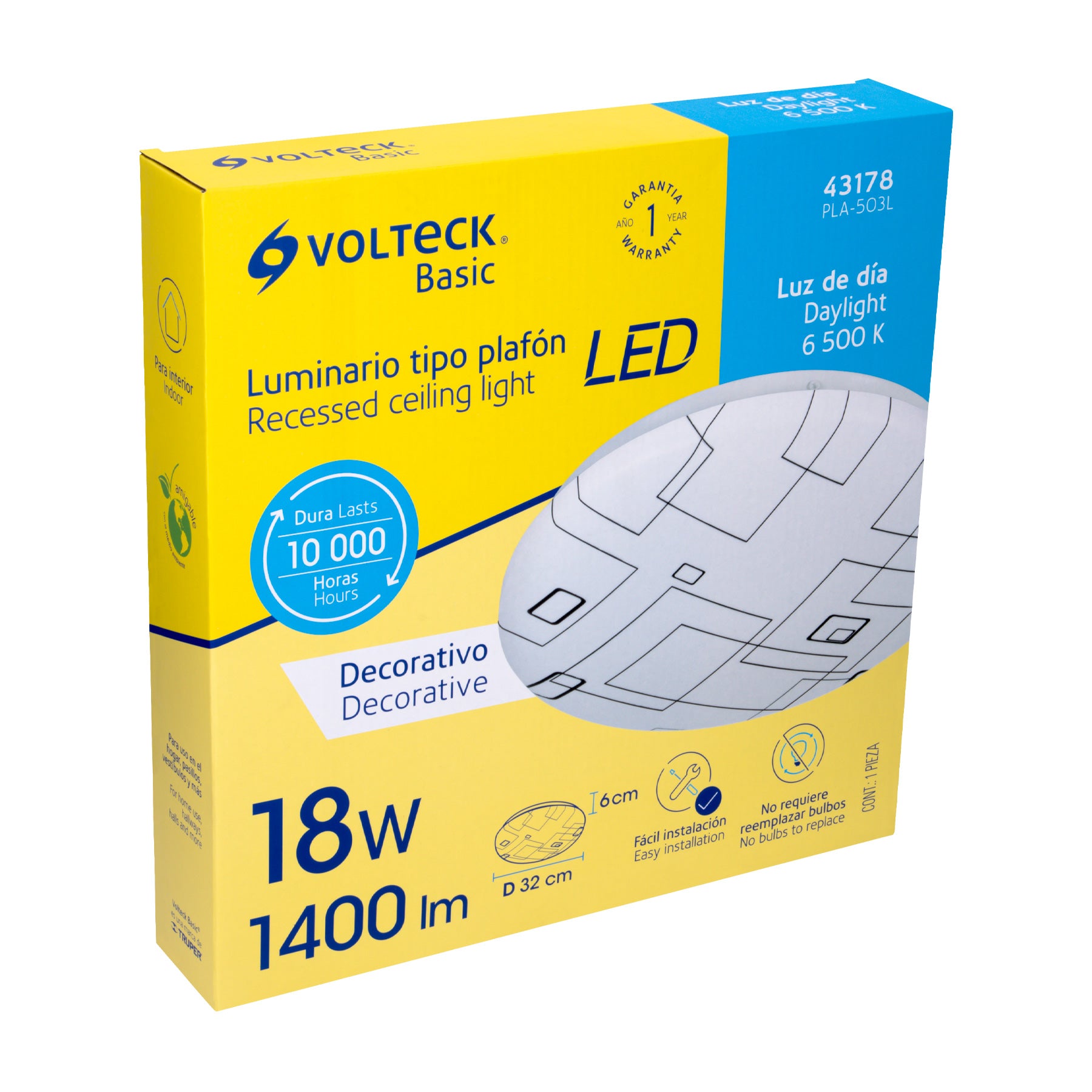 Luminario LED plafón decorativo 18W 6500K, cuadros, BASIC