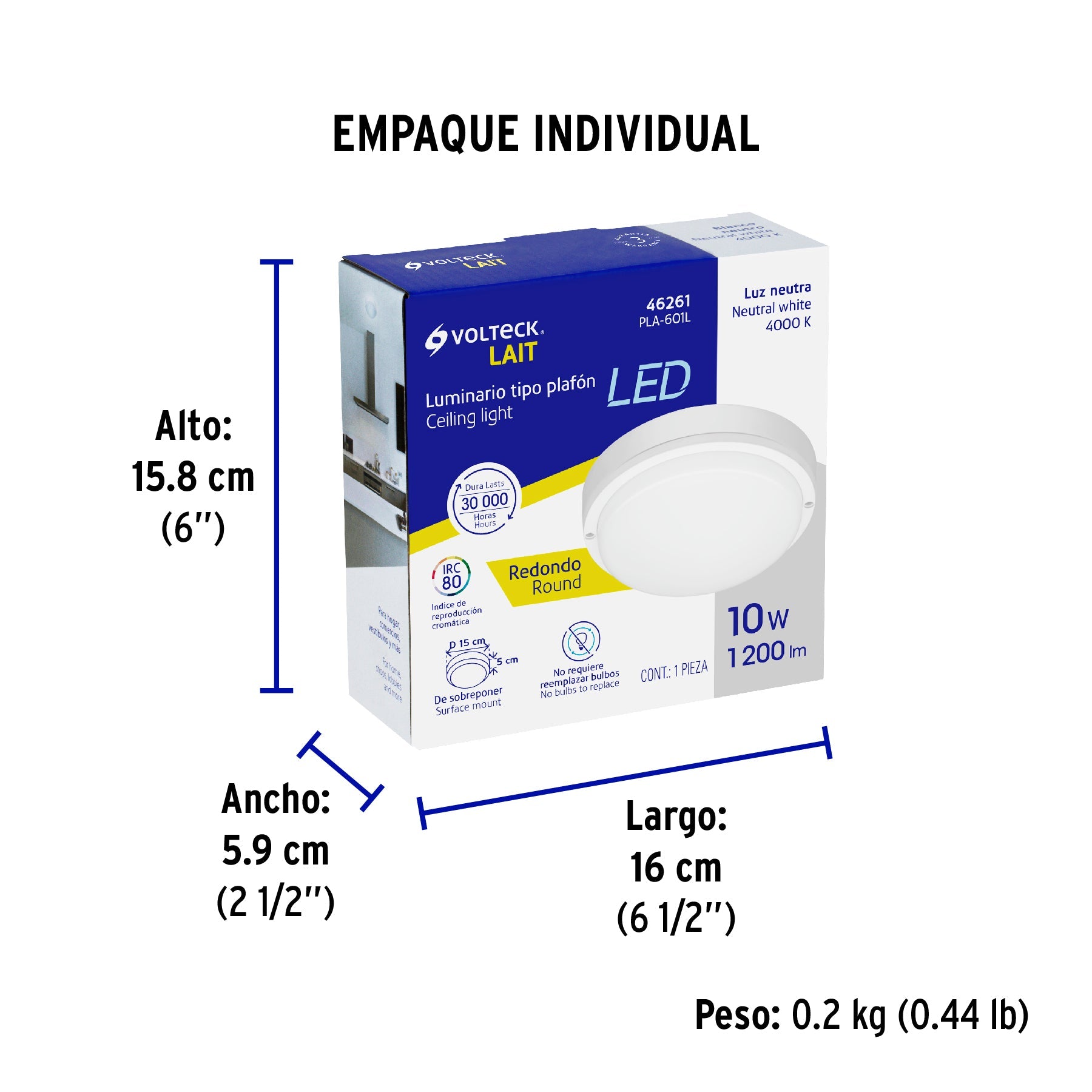 Luminario LED plafón para baño 10W 4000K, redondo, VOLTECK - Empaque