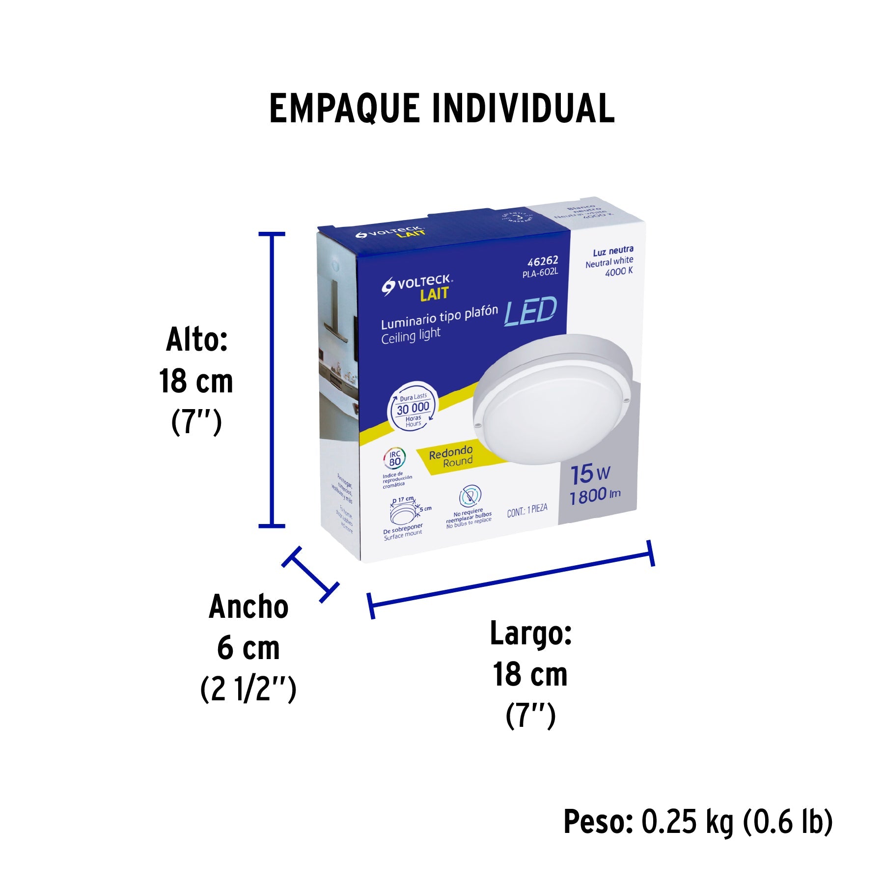 Luminario LED plafón para baño 15W 4000K, redondo, VOLTECK - Empaque