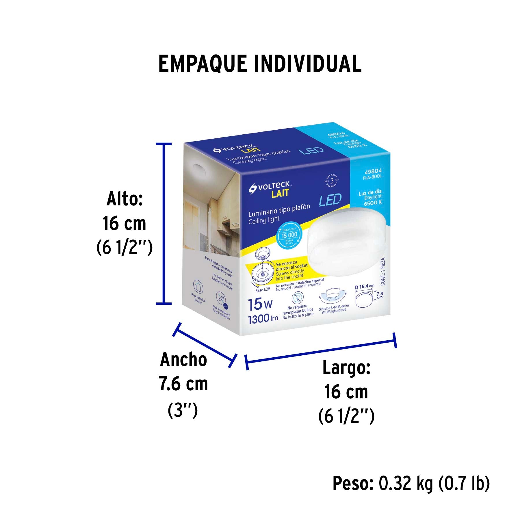 Luminario LED plafón 15W 6500K, con base E26, VOLTECK - Empaque