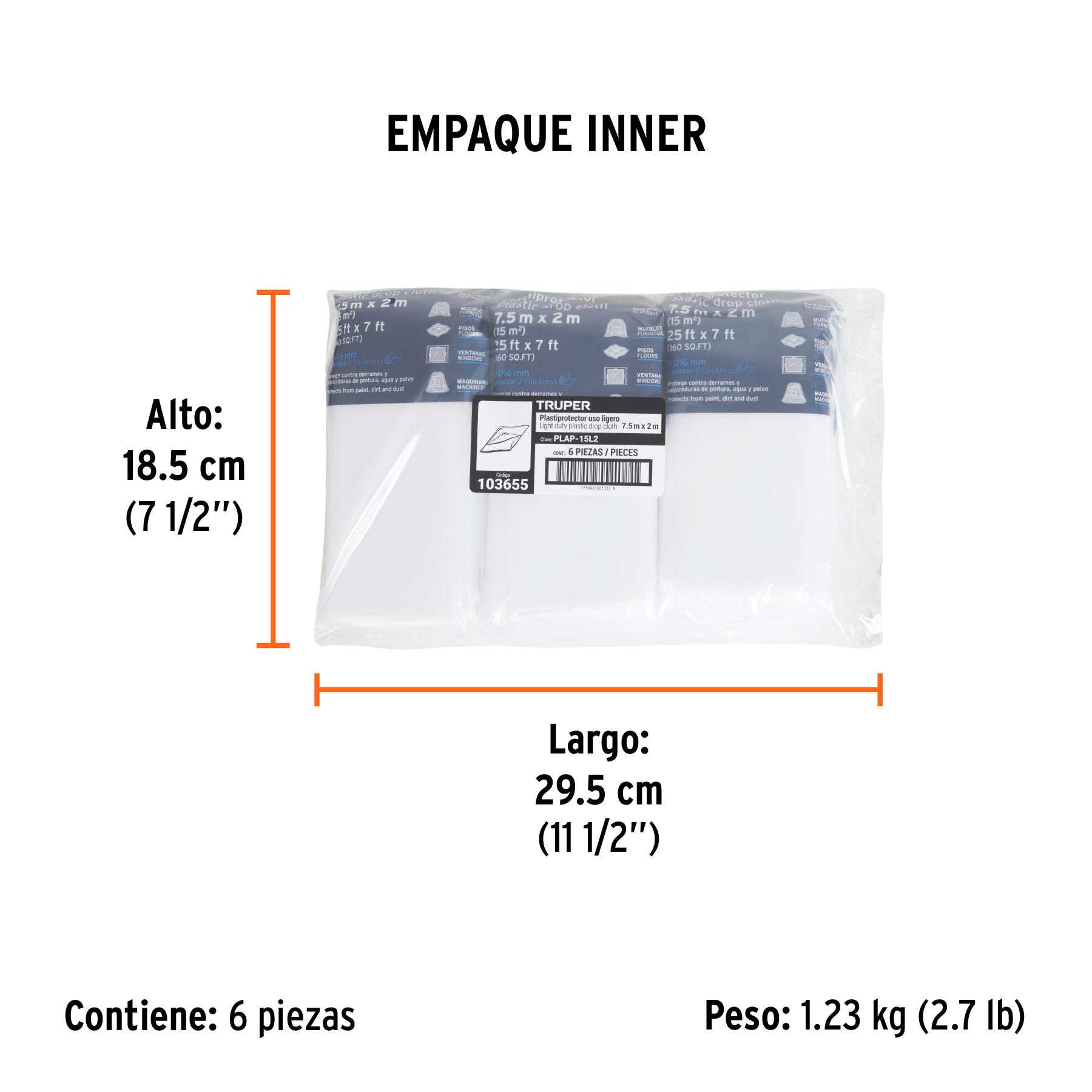 Plastiprotector 7.5 x 2 m, uso ligero, TRUPER - Empaque