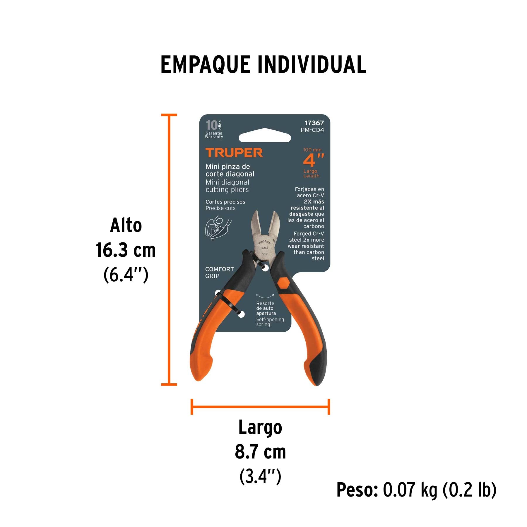 Mini pinza de corte diagonal 4" mango Comfort Grip, TRUPER - Empaque