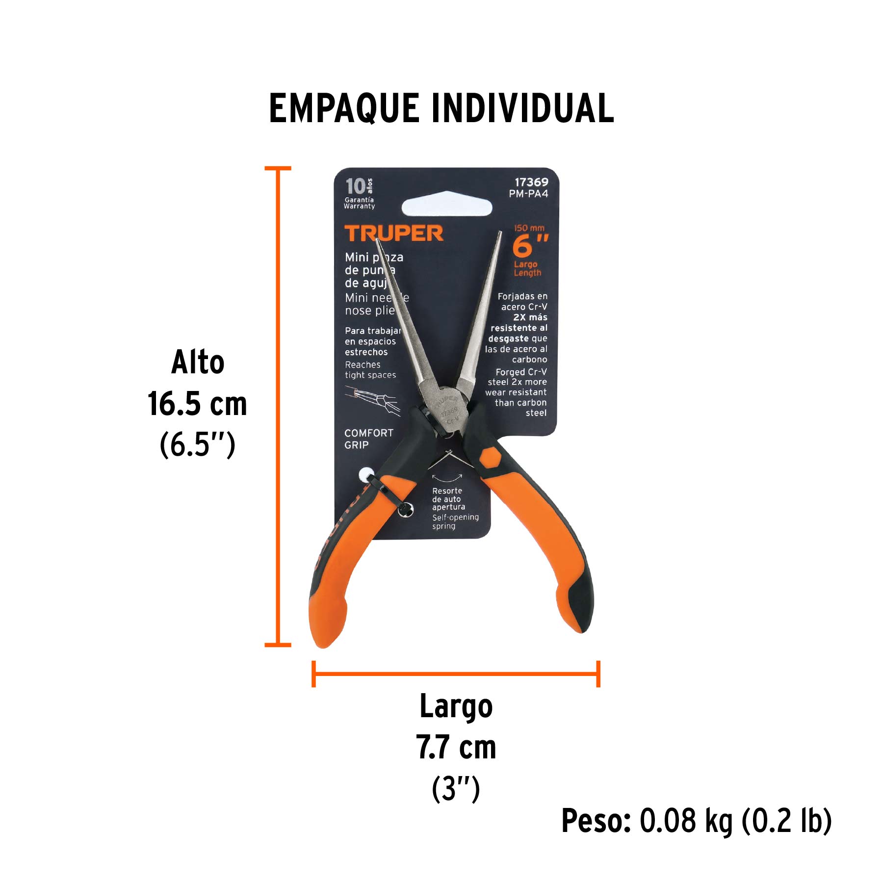 Mini pinza de punta de aguja 6" mango Comfort Grip, TRUPER - Empaque