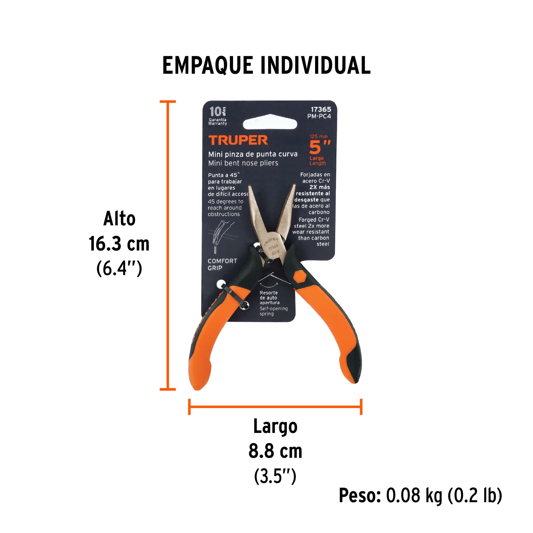 Mini pinza de punta curva 5" mango Comfort Grip, TRUPER - Empaque