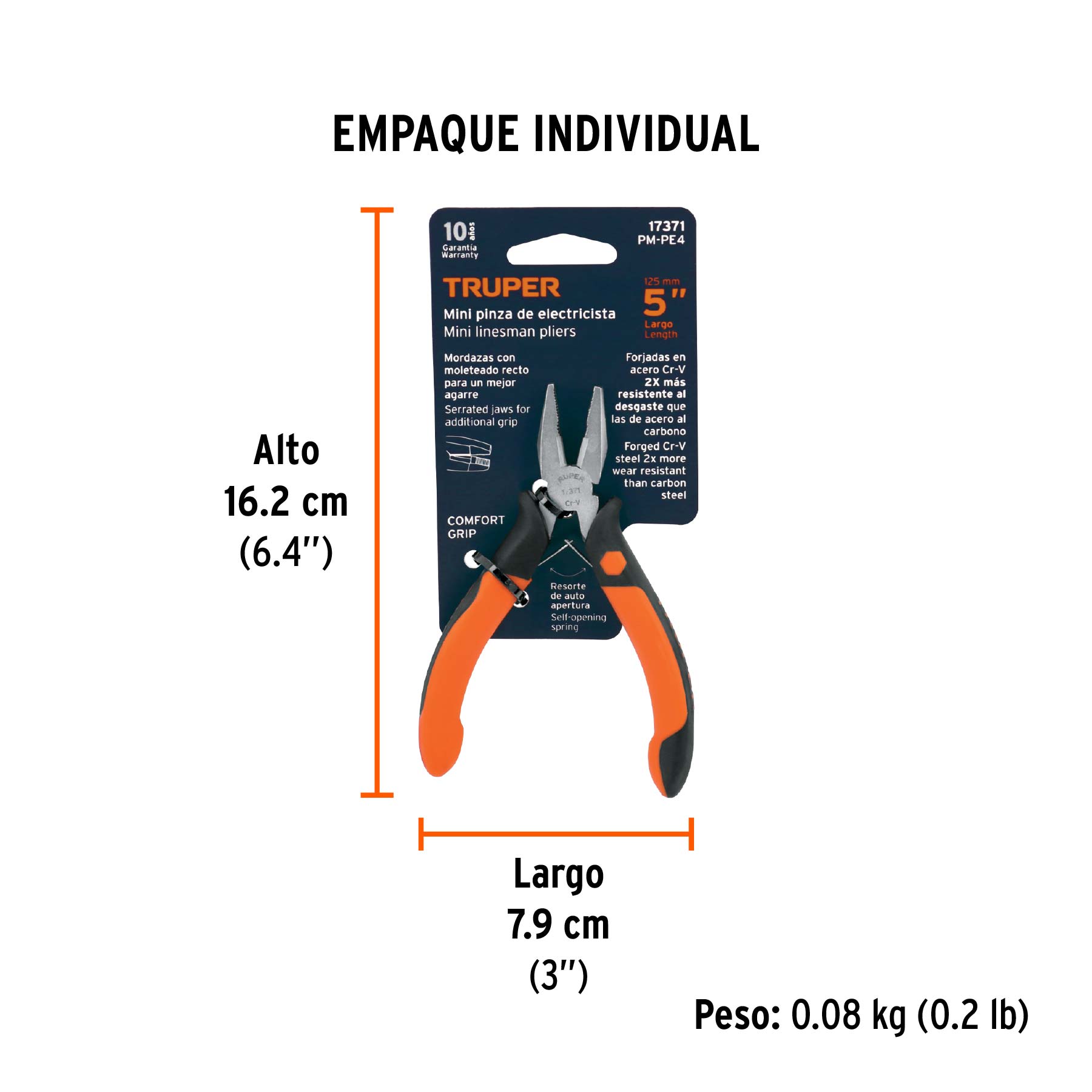 Mini pinza para electricista 5" mango Comfort Grip, TRUPER - Empaque