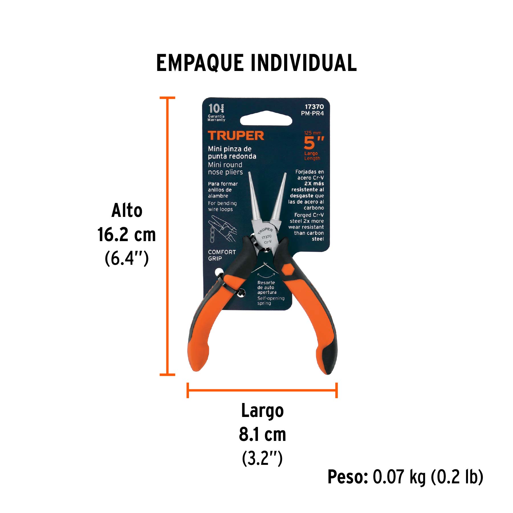 Mini pinza de punta redonda 5" mango Comfort Grip, TRUPER - Empaque
