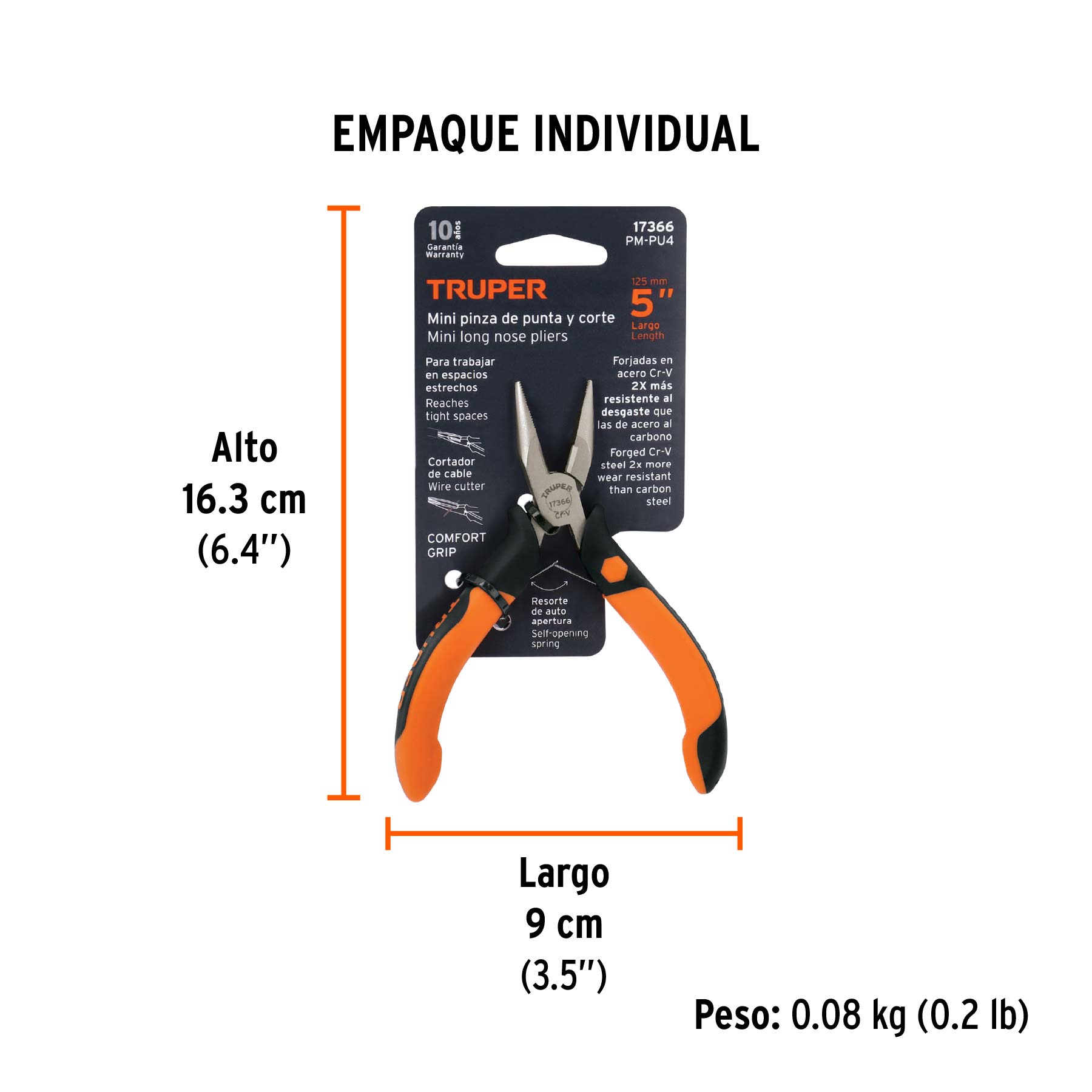 Mini pinza de punta y corte 5" mango Comfort Grip, TRUPER - Empaque
