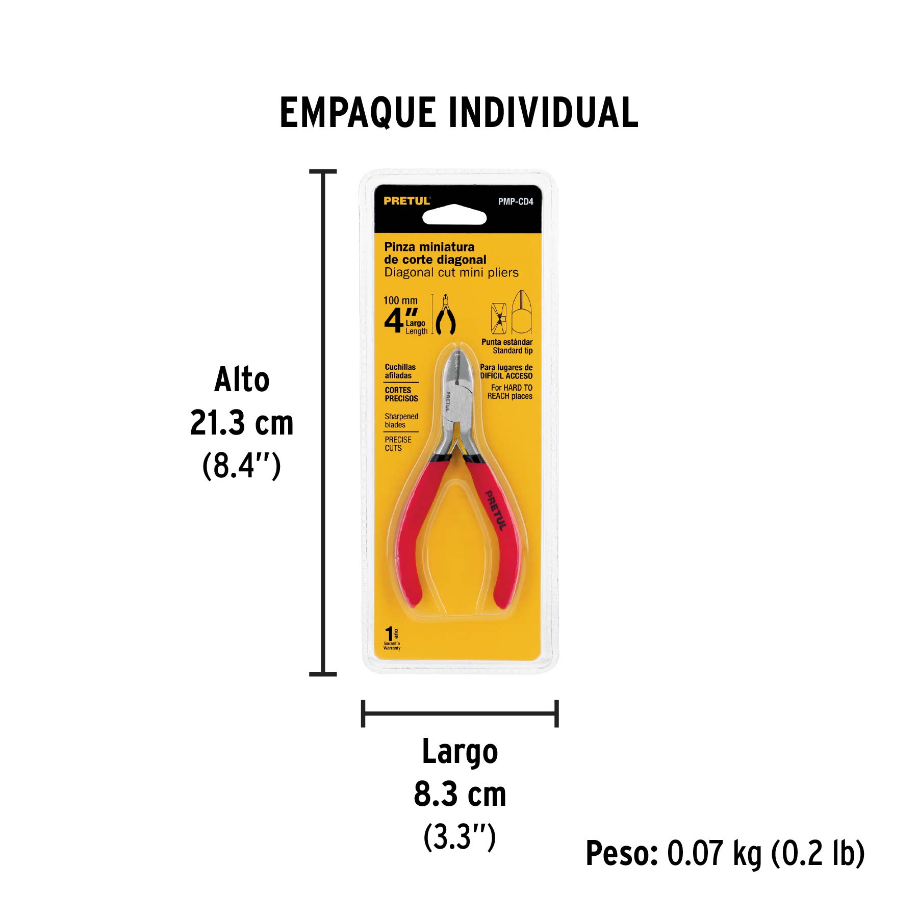 Mini pinza de corte diagonal 4", PRETUL - Empaque