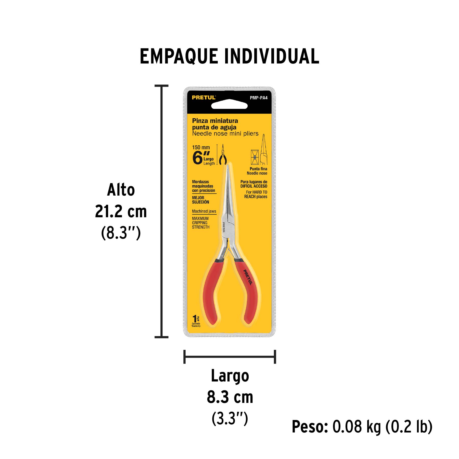 Mini pinza de punta de aguja 6", PRETUL - Empaque