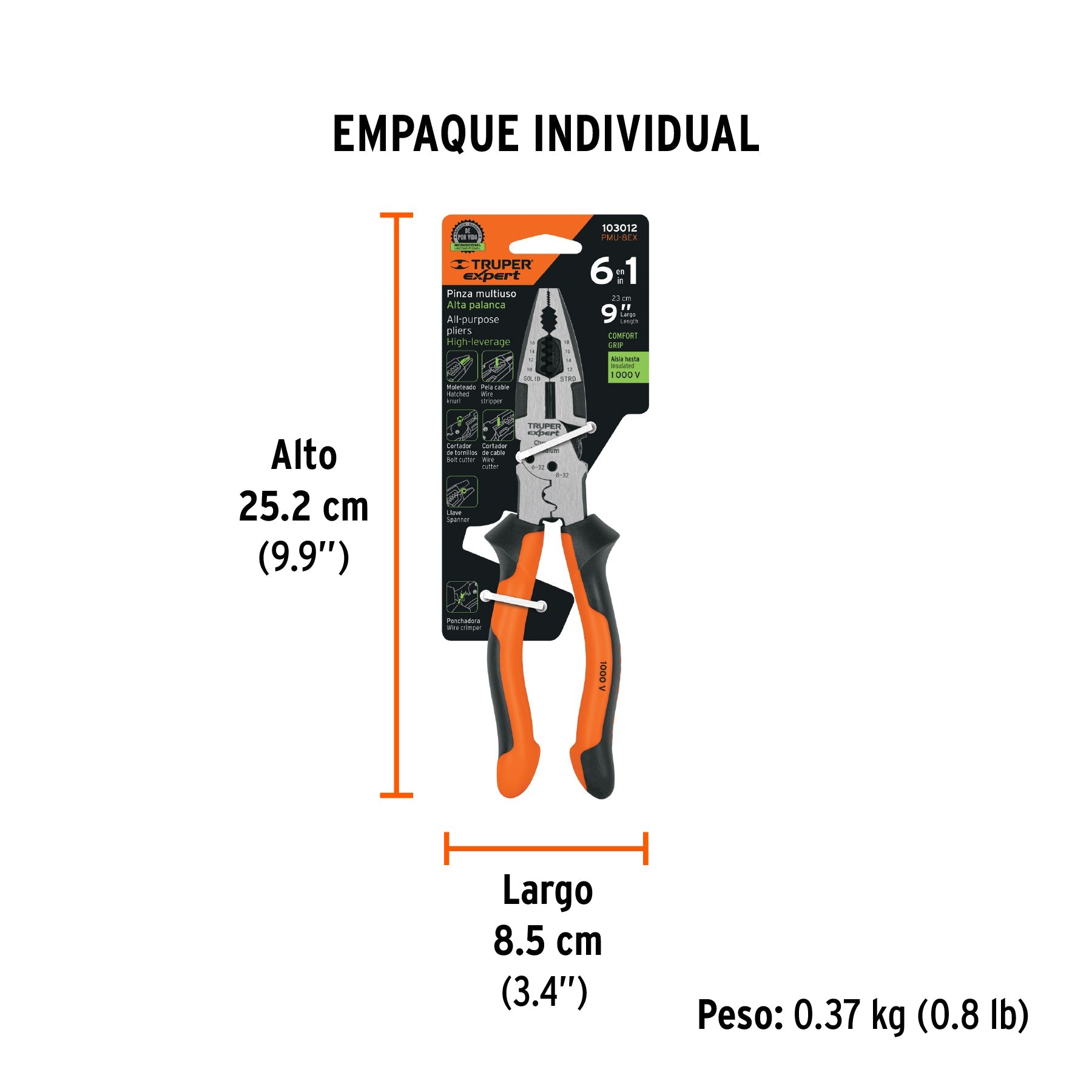 Pinza multiuso 9" electricista, comfort grip, TRUPER EXPERT - Empaque