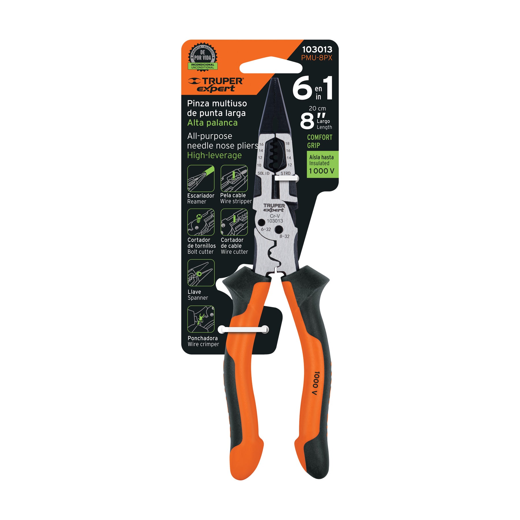 Pinza multiuso 8" punta larga, comfort grip, TRUPER expert