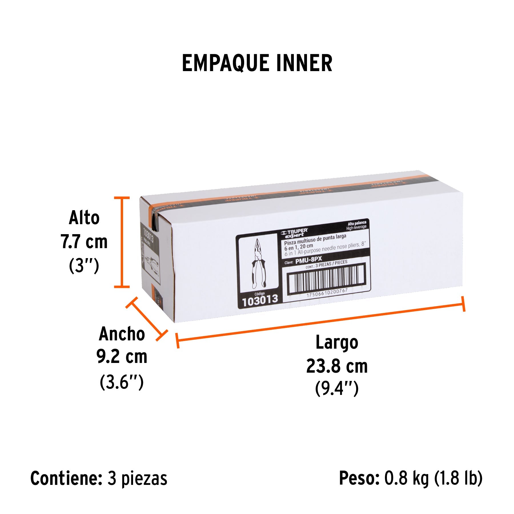 Pinza multiuso 8" punta larga, comfort grip, TRUPER expert - Empaque