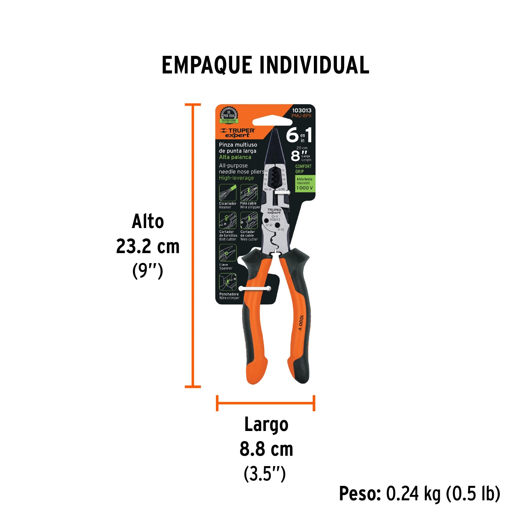 Pinza multiuso 8" punta larga, comfort grip, TRUPER expert - Empaque