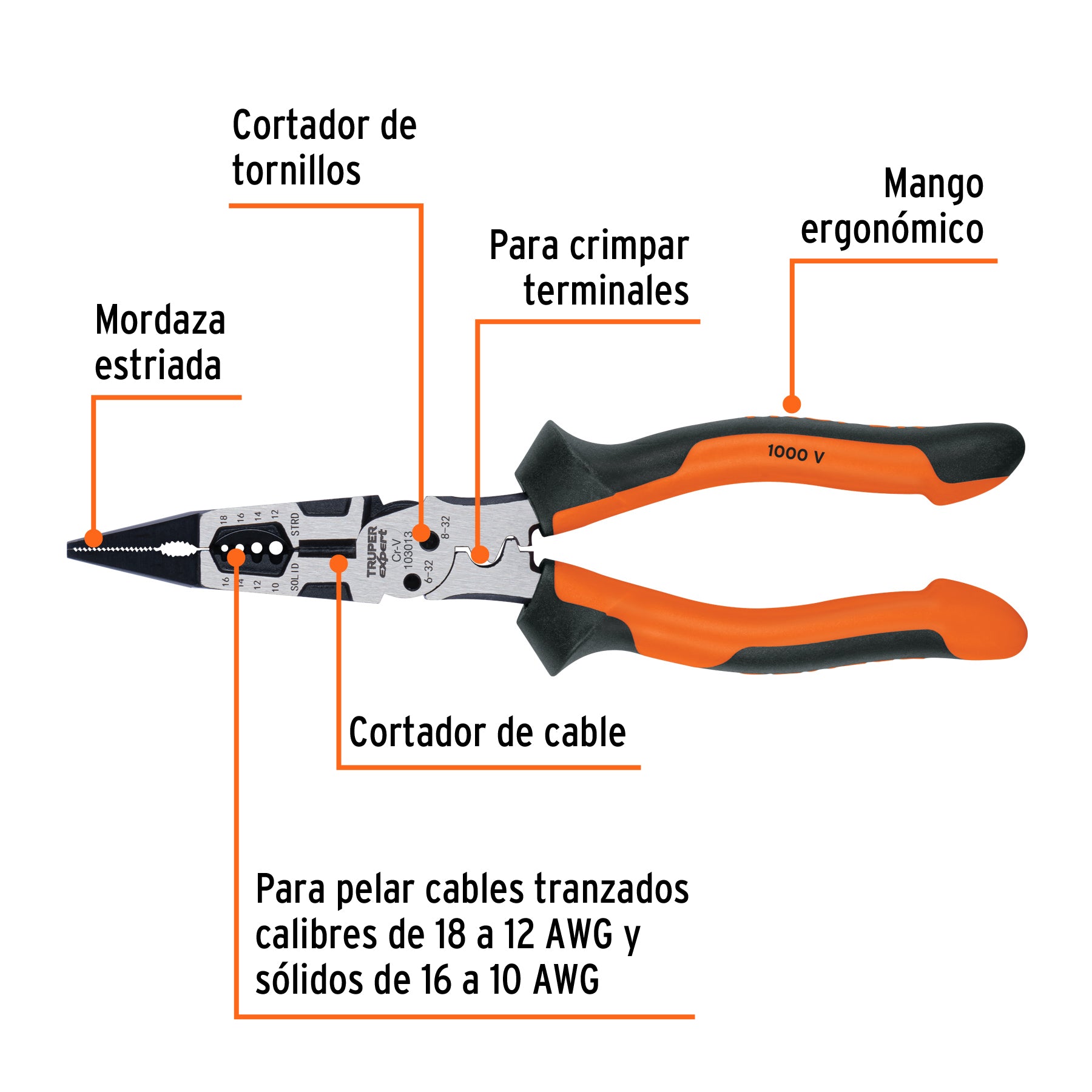 Pinza multiuso 8" punta larga, comfort grip, TRUPER expert