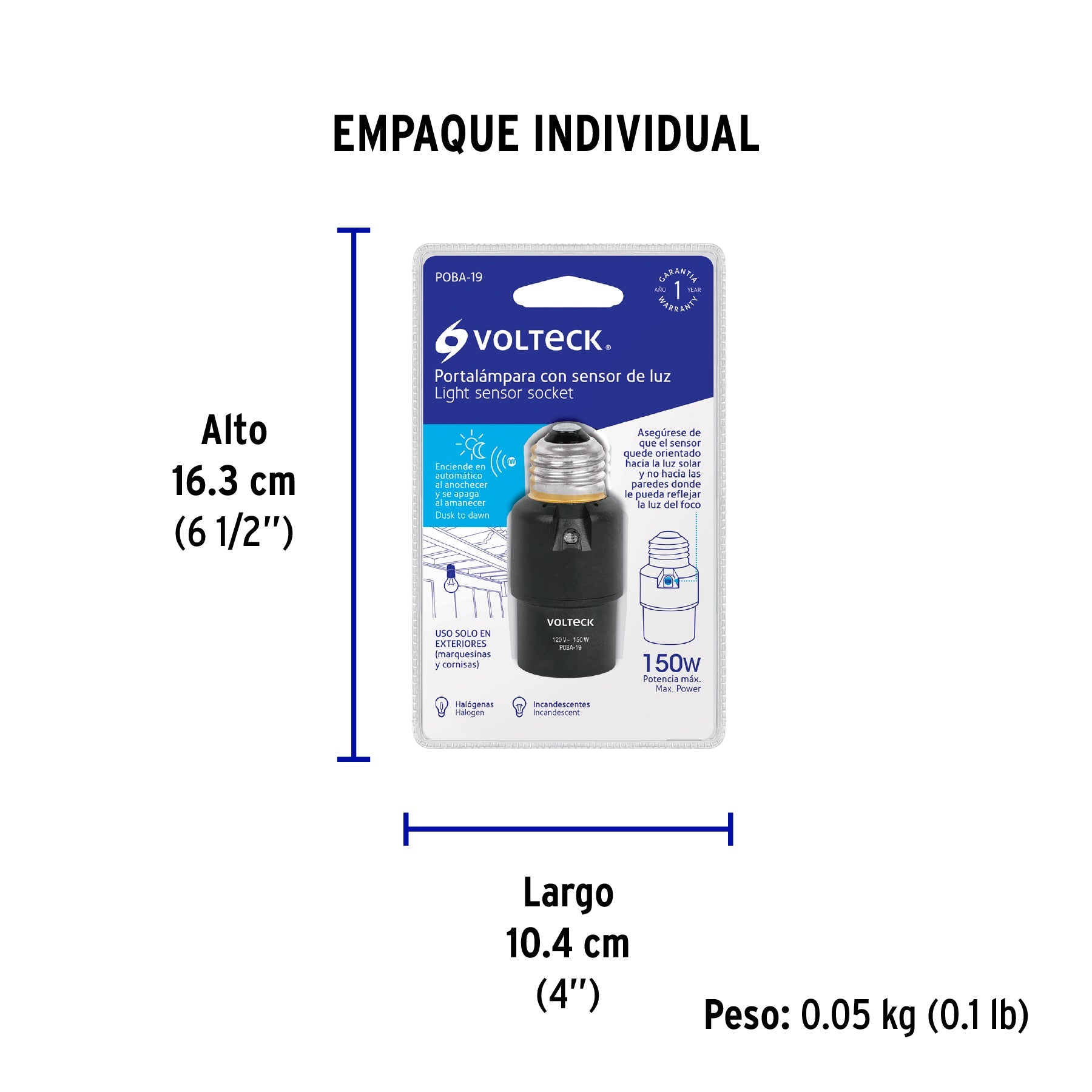 Portalámpara de PVC, con sensor de luz, VOLTECK - Empaque