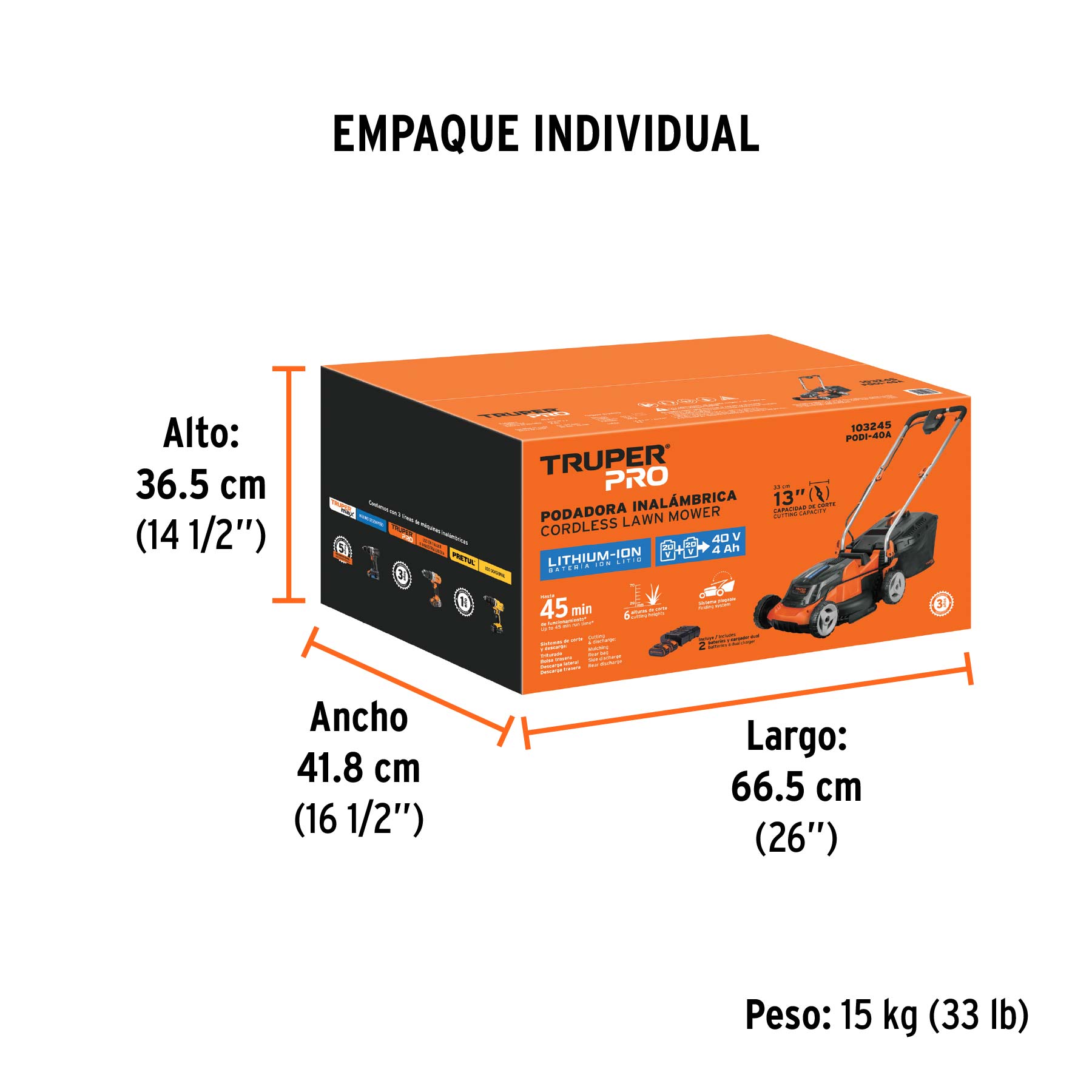 Podadora inalámbrica 40V, 2 baterías 4Ah, 1 carg.dual, PRO - Empaque