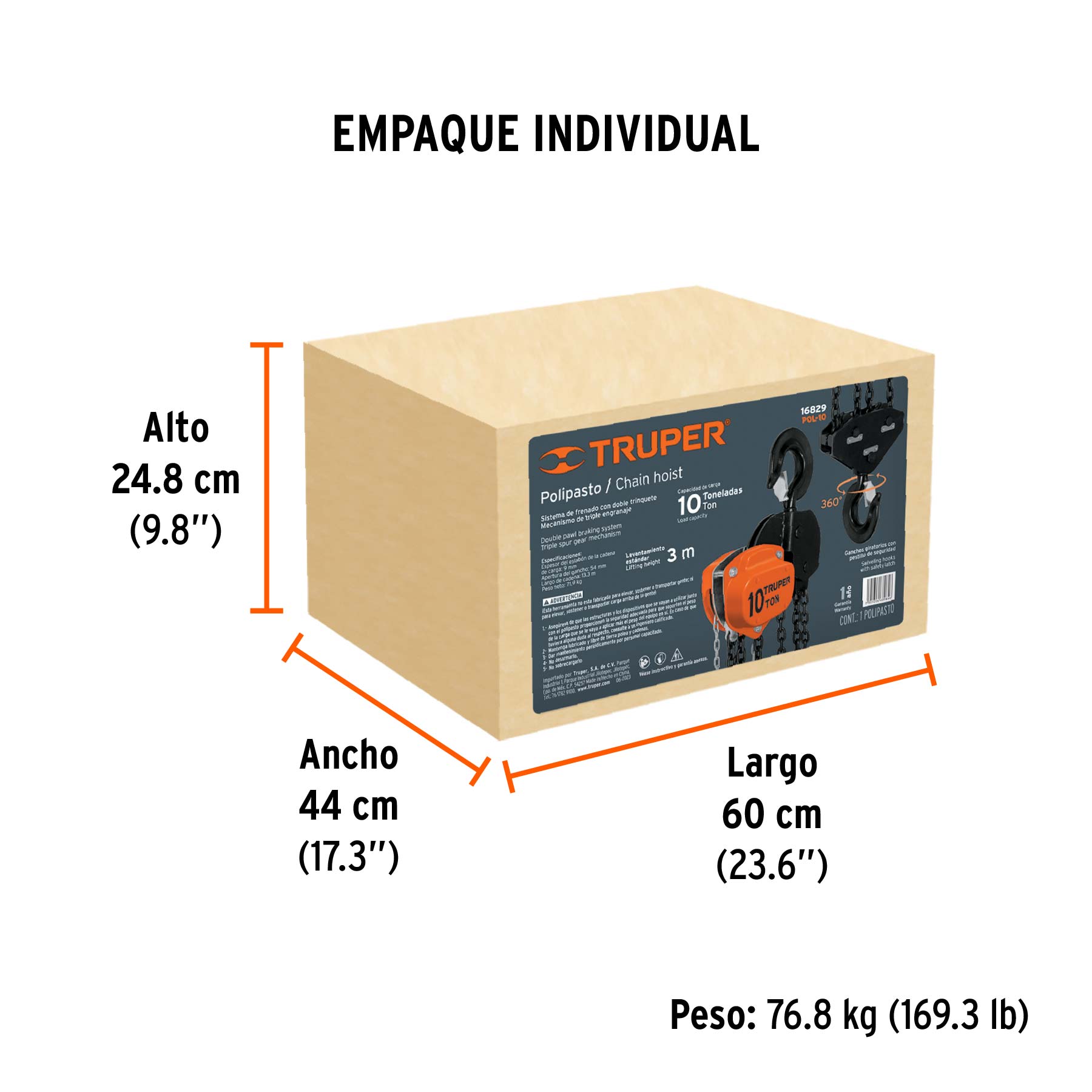 Polipasto industrial de cadena, 10 toneladas, TRUPER - Empaque