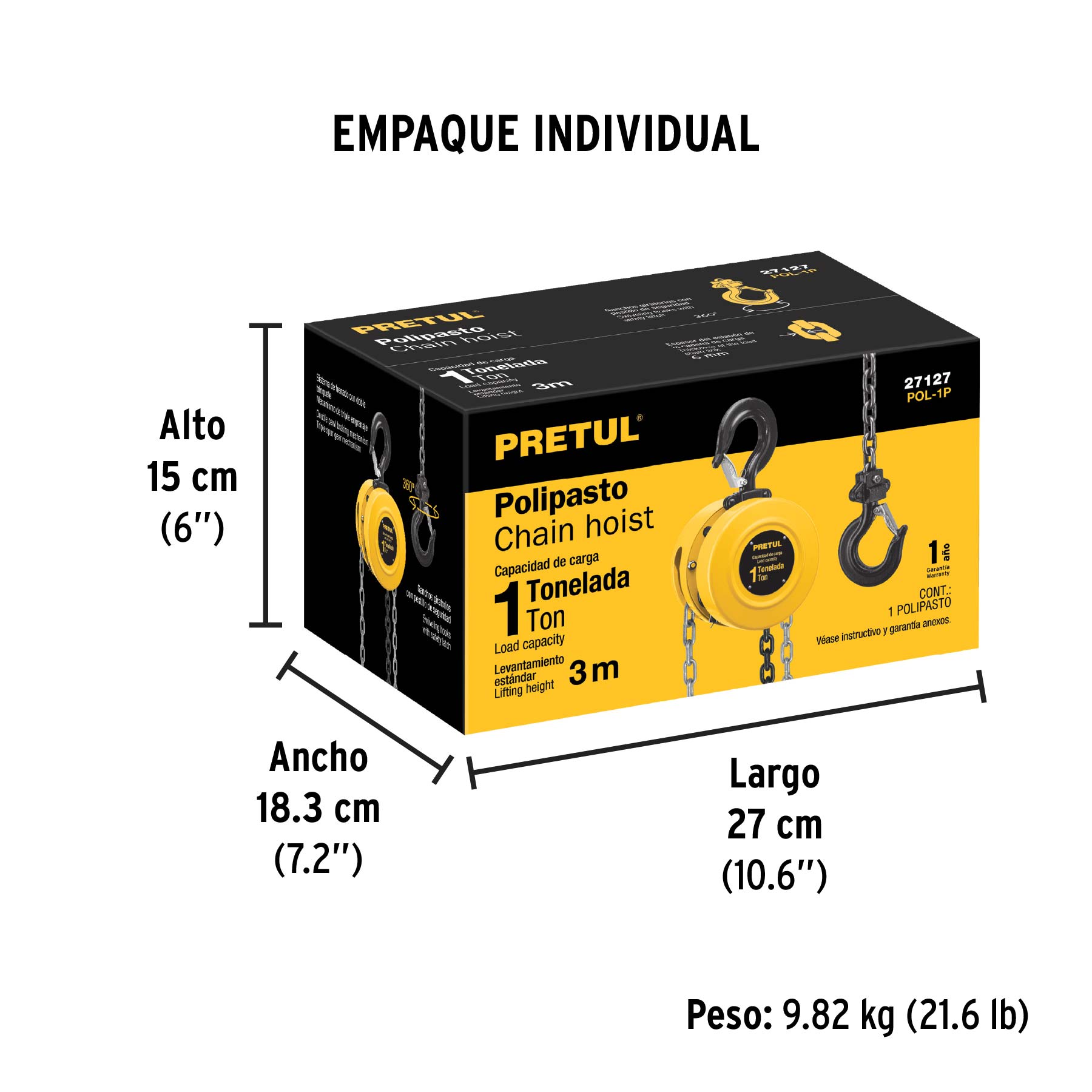 Polipasto de cadena de 1 ton, PRETUL - Empaque