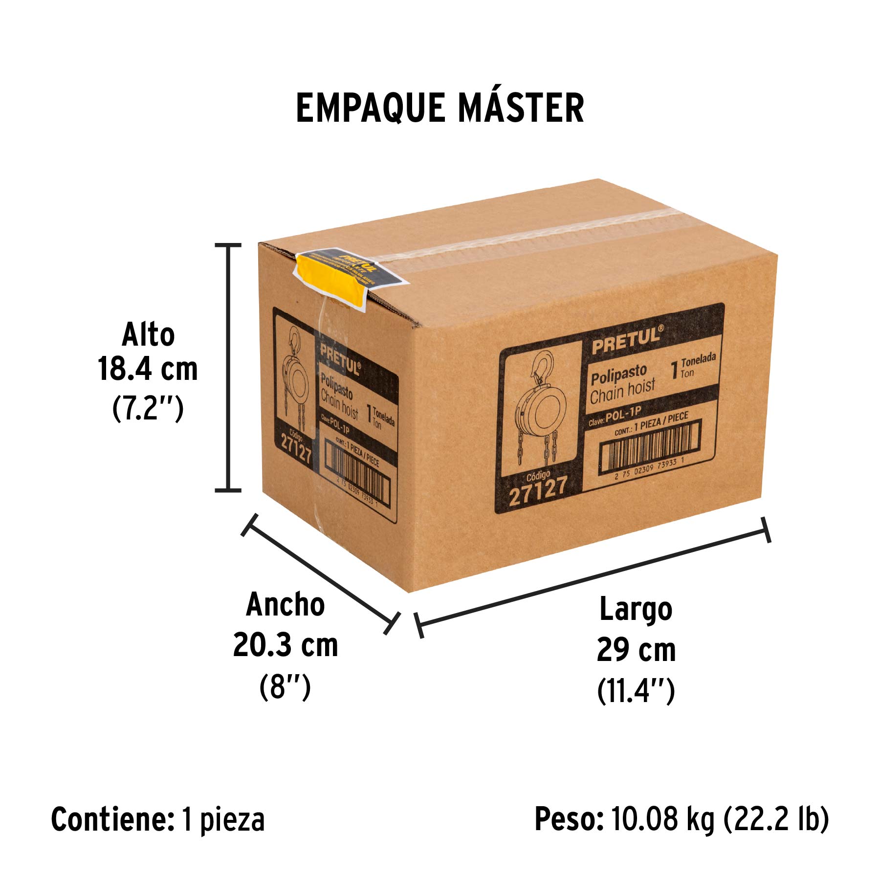 Polipasto de cadena de 1 ton, PRETUL - Empaque