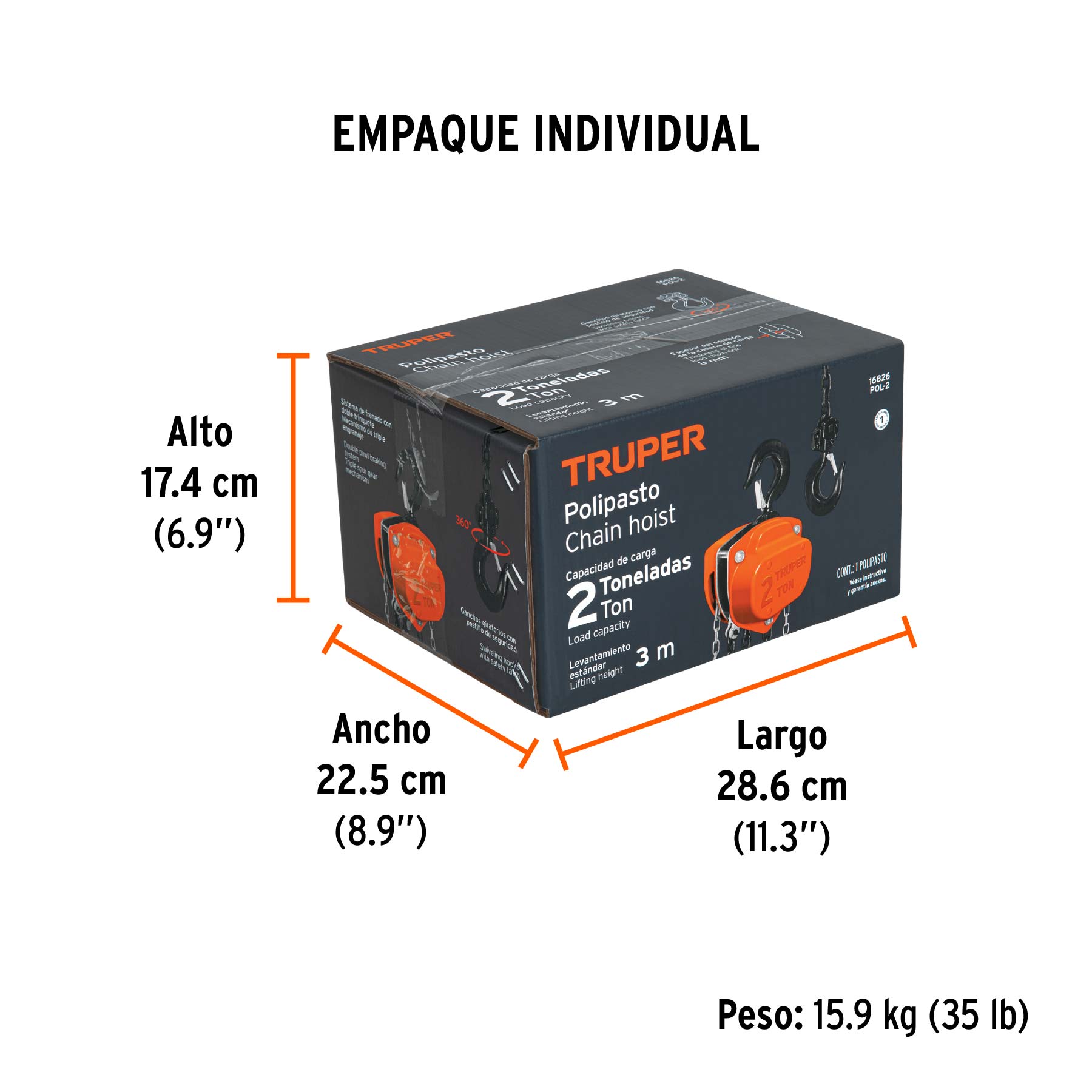 Polipasto de cadena de 2 ton, TRUPER - Empaque