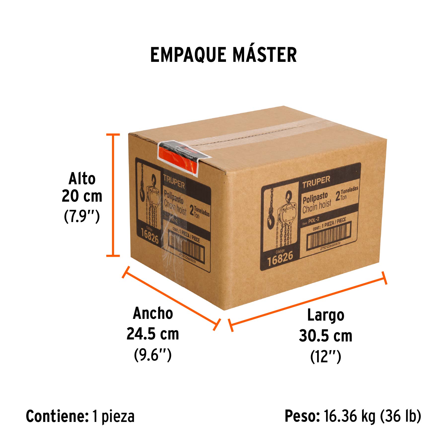 Polipasto de cadena de 2 ton, TRUPER - Empaque