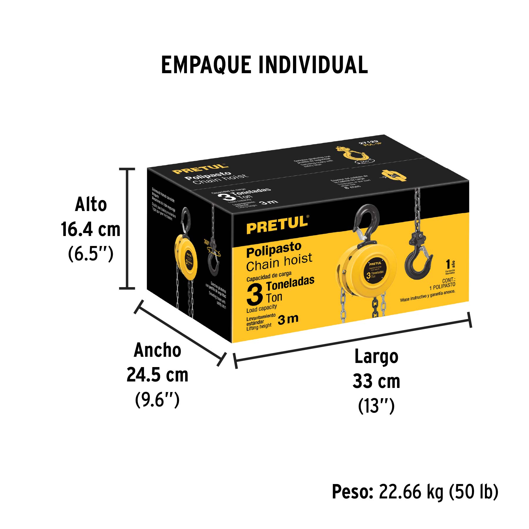 Polipasto de cadena de 3 ton, PRETUL - Empaque