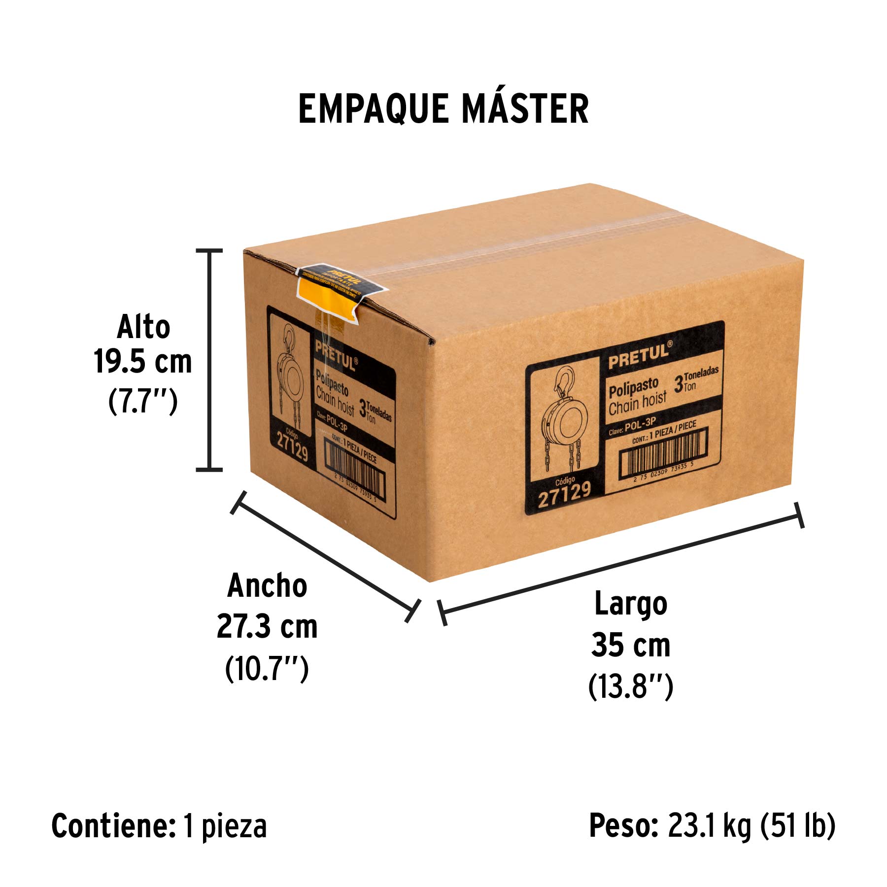 Polipasto de cadena de 3 ton, PRETUL - Empaque