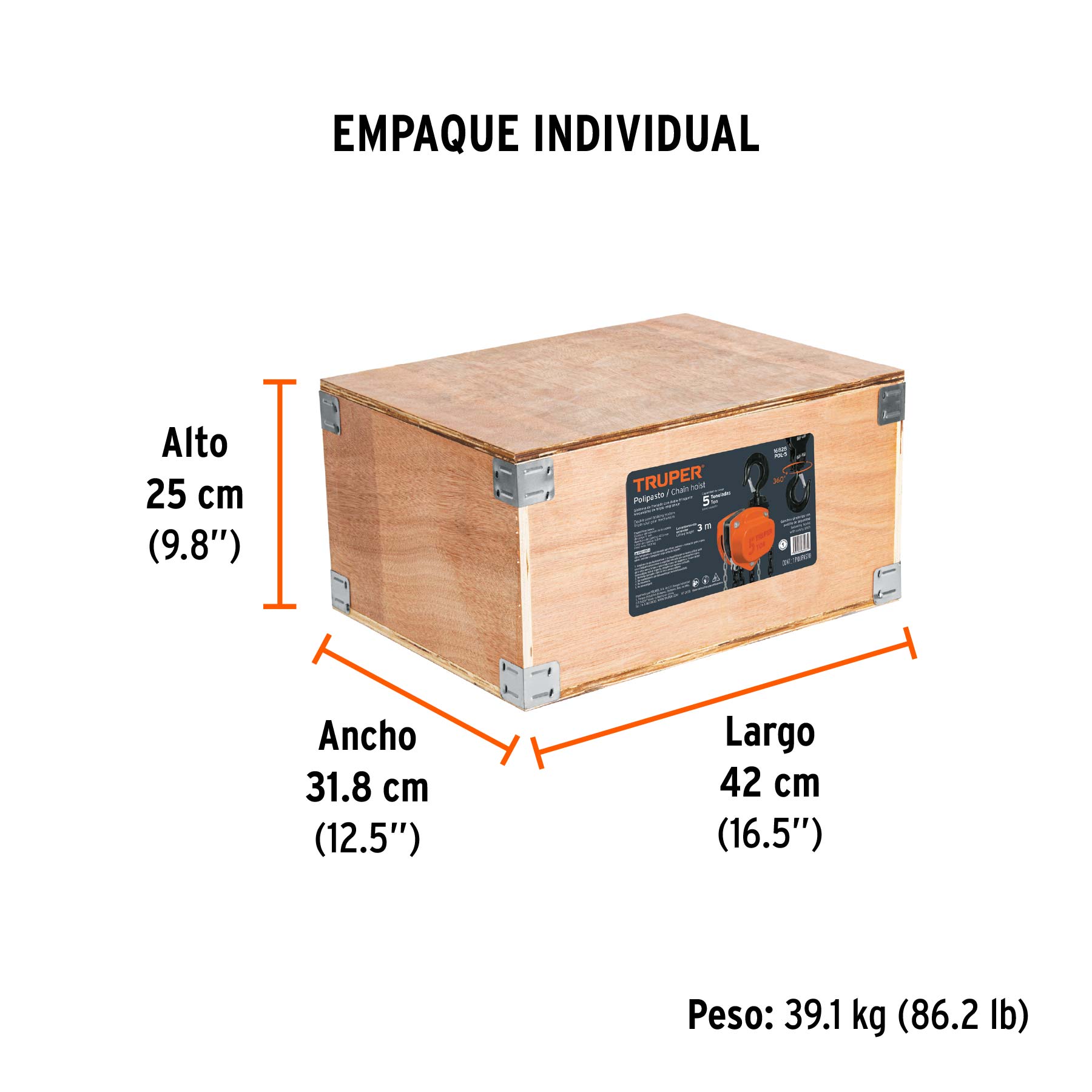 Polipasto industrial de cadena, 5 toneladas, TRUPER - Empaque
