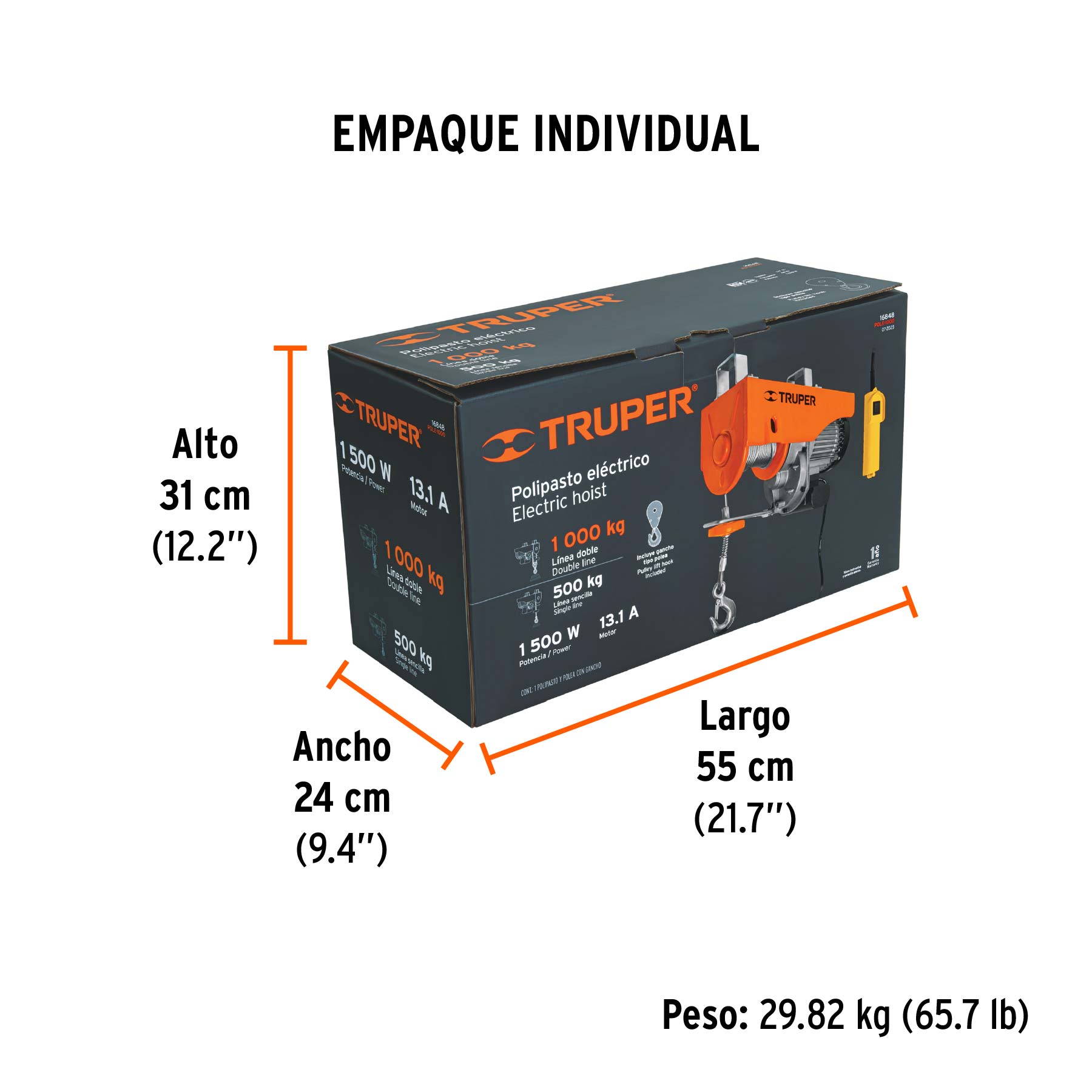 Polipasto eléctrico de 1000 kg, TRUPER - Empaque
