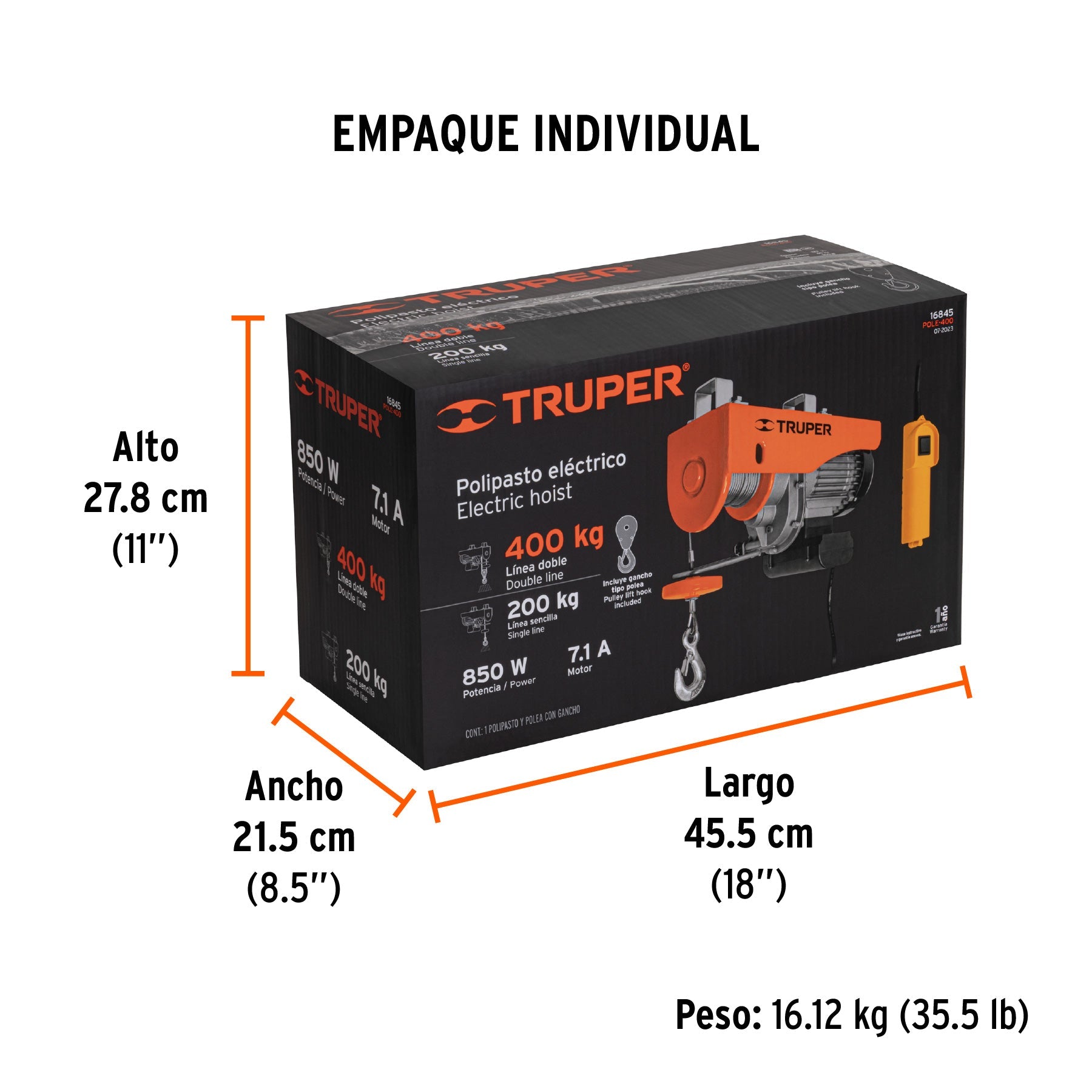 Polipasto eléctrico de 400 kg, TRUPER - Empaque