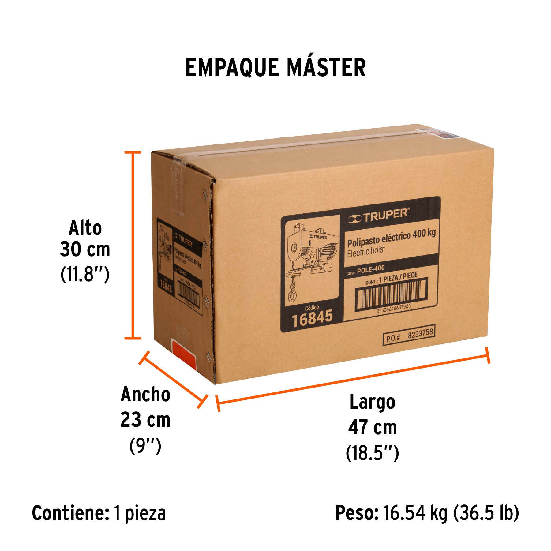 Polipasto eléctrico de 400 kg, TRUPER - Empaque