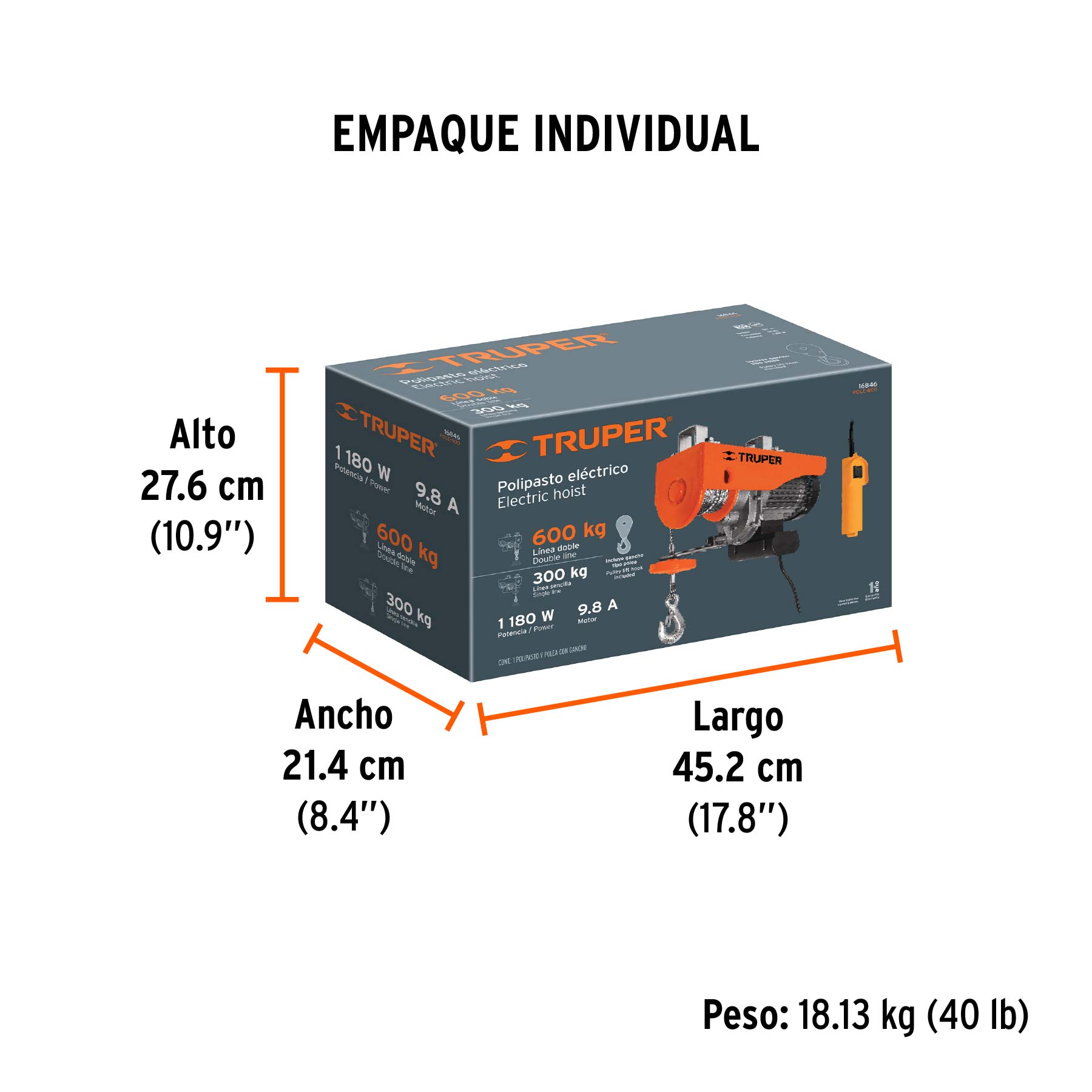 Polipasto eléctrico de 600 kg, TRUPER - Empaque