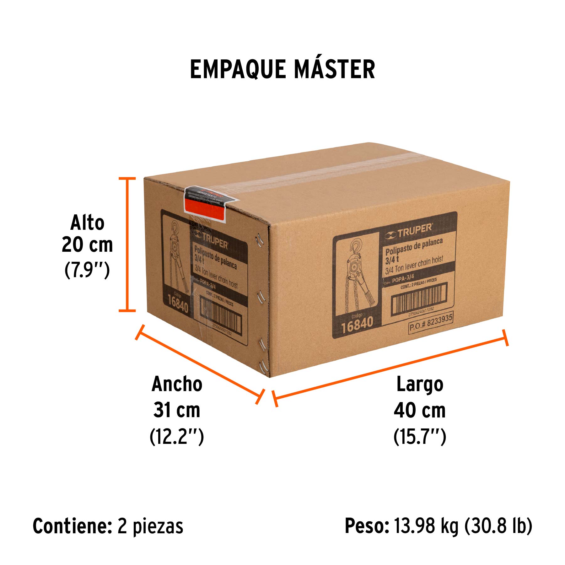 Polipasto de palanca 3/4 toneladas, TRUPER - Empaque