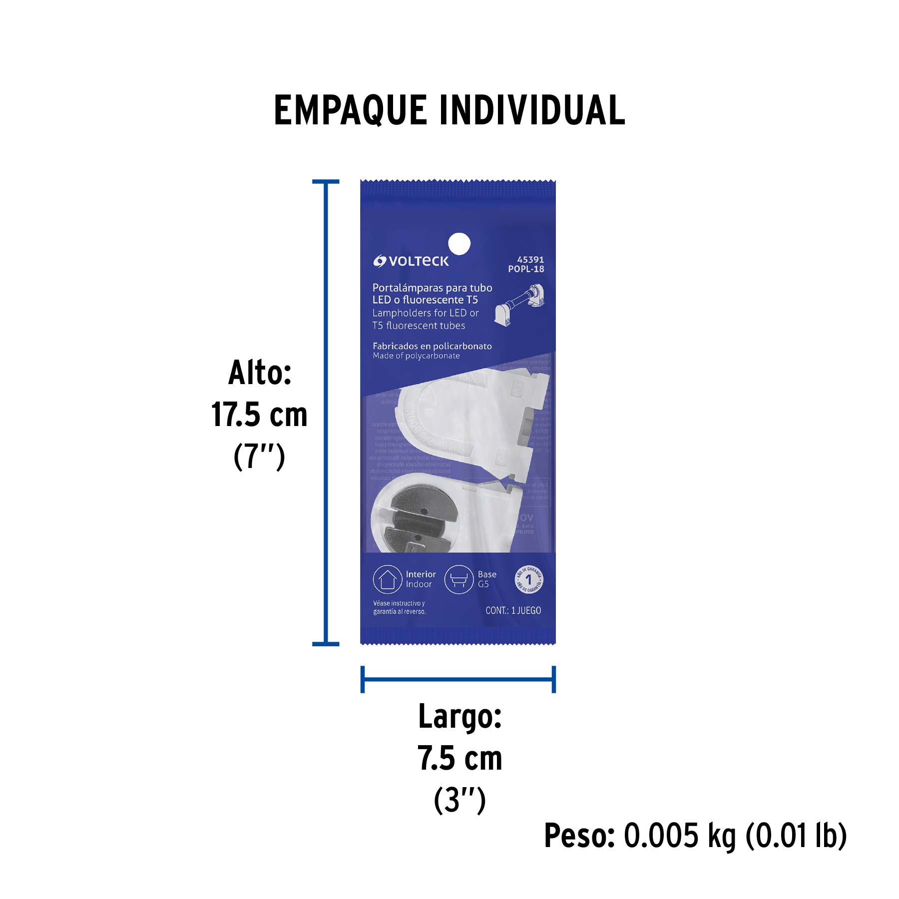 Bolsa 2 pz portalámparas p/tubo LED y fluorescente, base G5 - Empaque