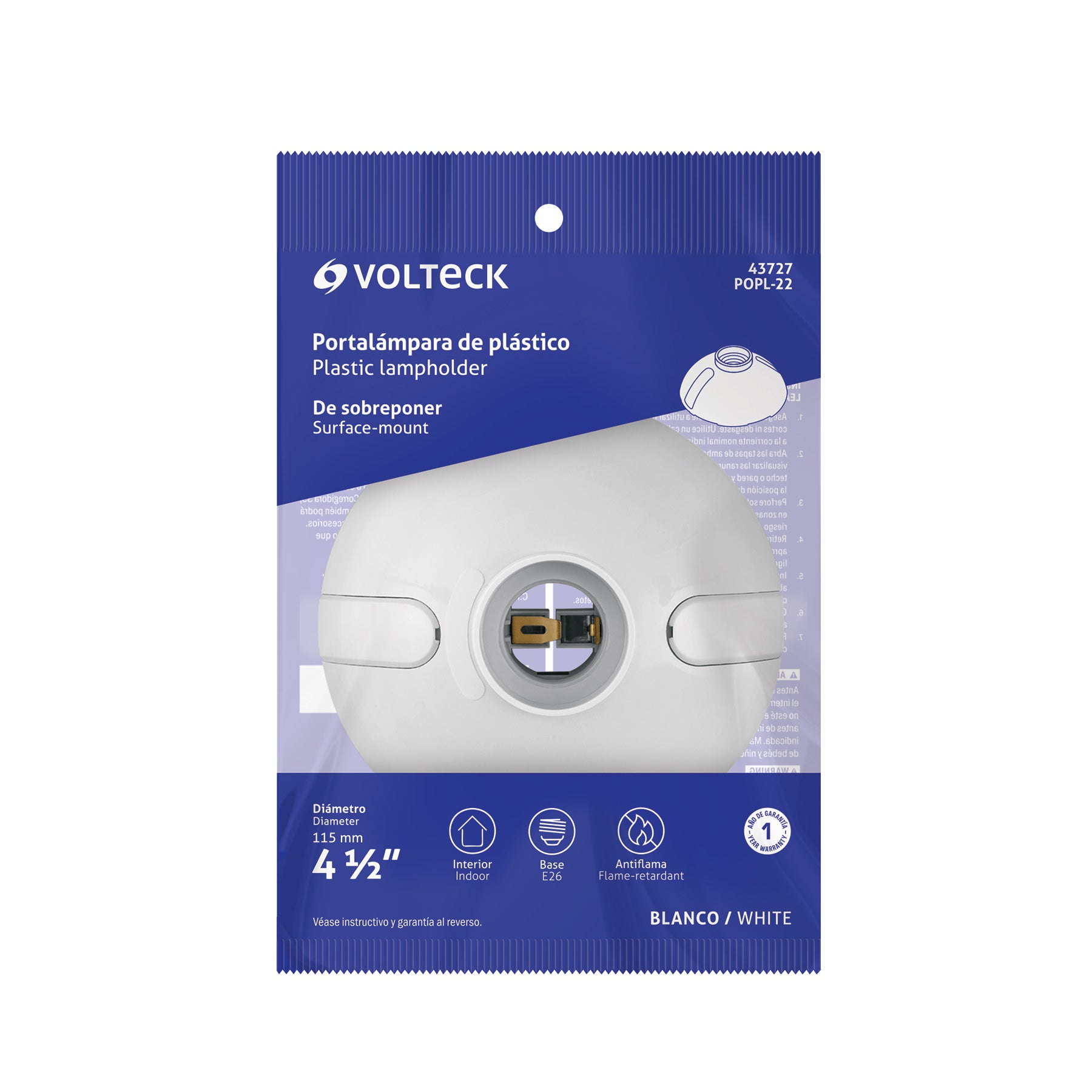 Portalámpara 4-1/2" de plástico, para sobreponer, VOLTECK