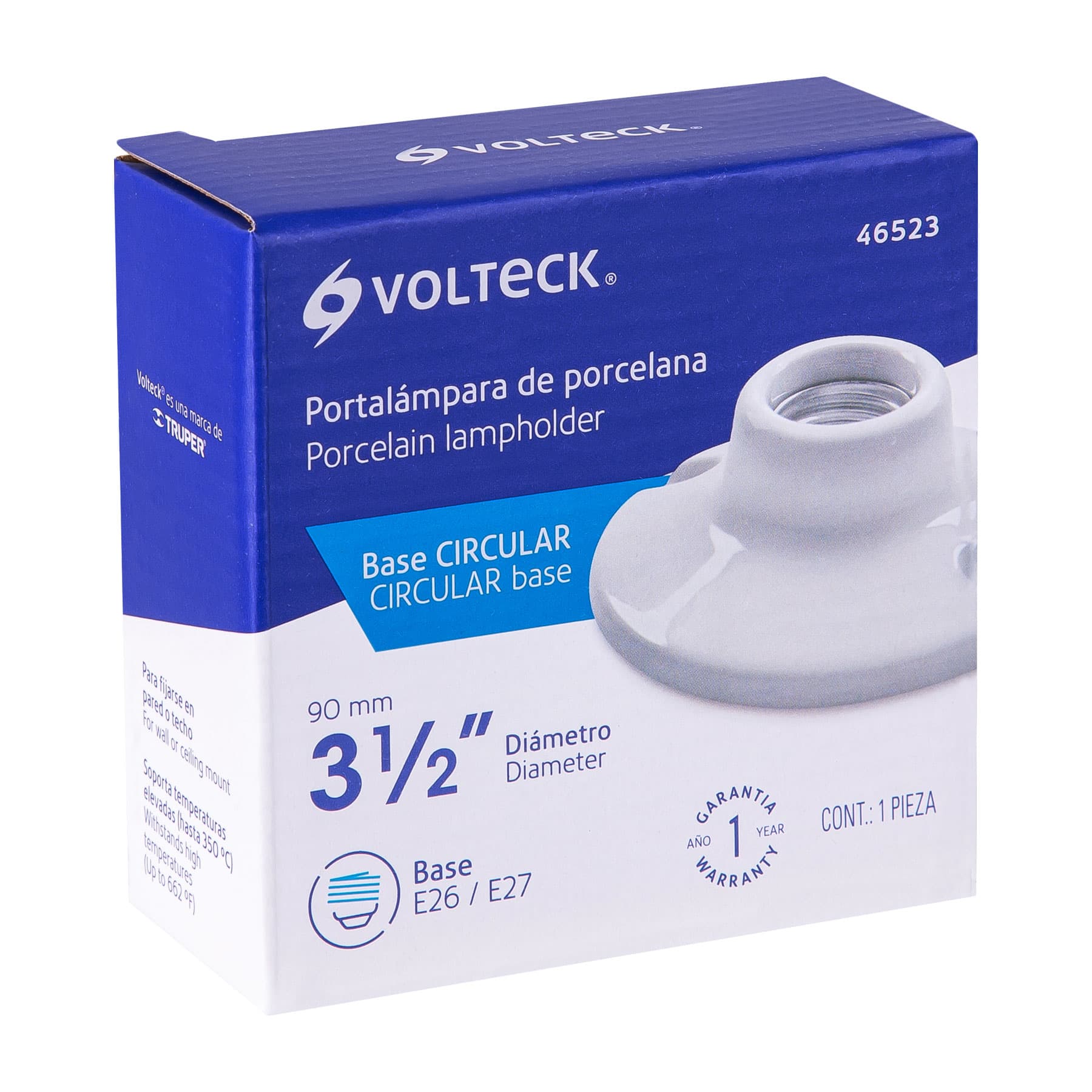 Portalámpara de porcelana, 3-1/2", redonda, VOLTECK