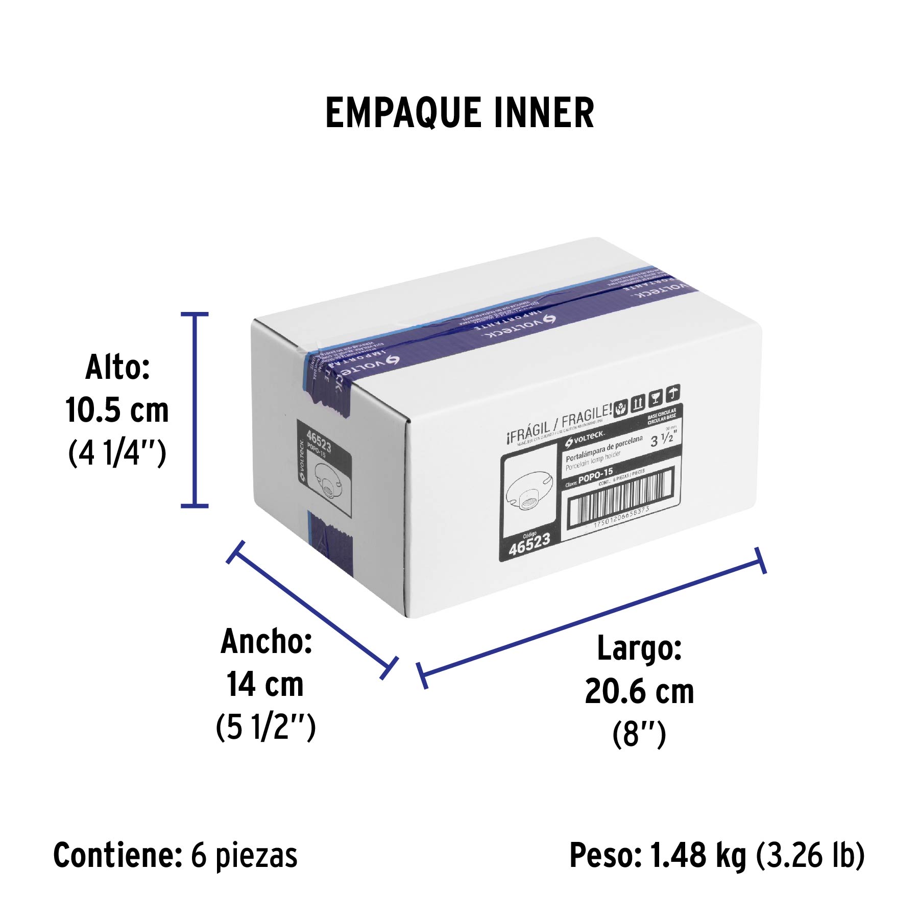 Portalámpara de porcelana, 3-1/2", redonda, VOLTECK - Empaque