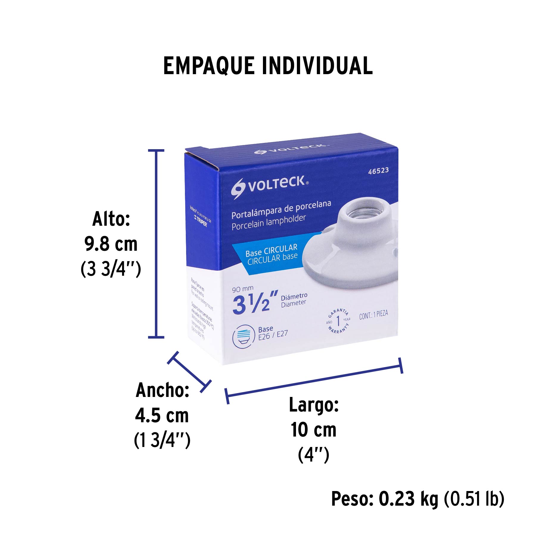 Portalámpara de porcelana, 3-1/2", redonda, VOLTECK - Empaque
